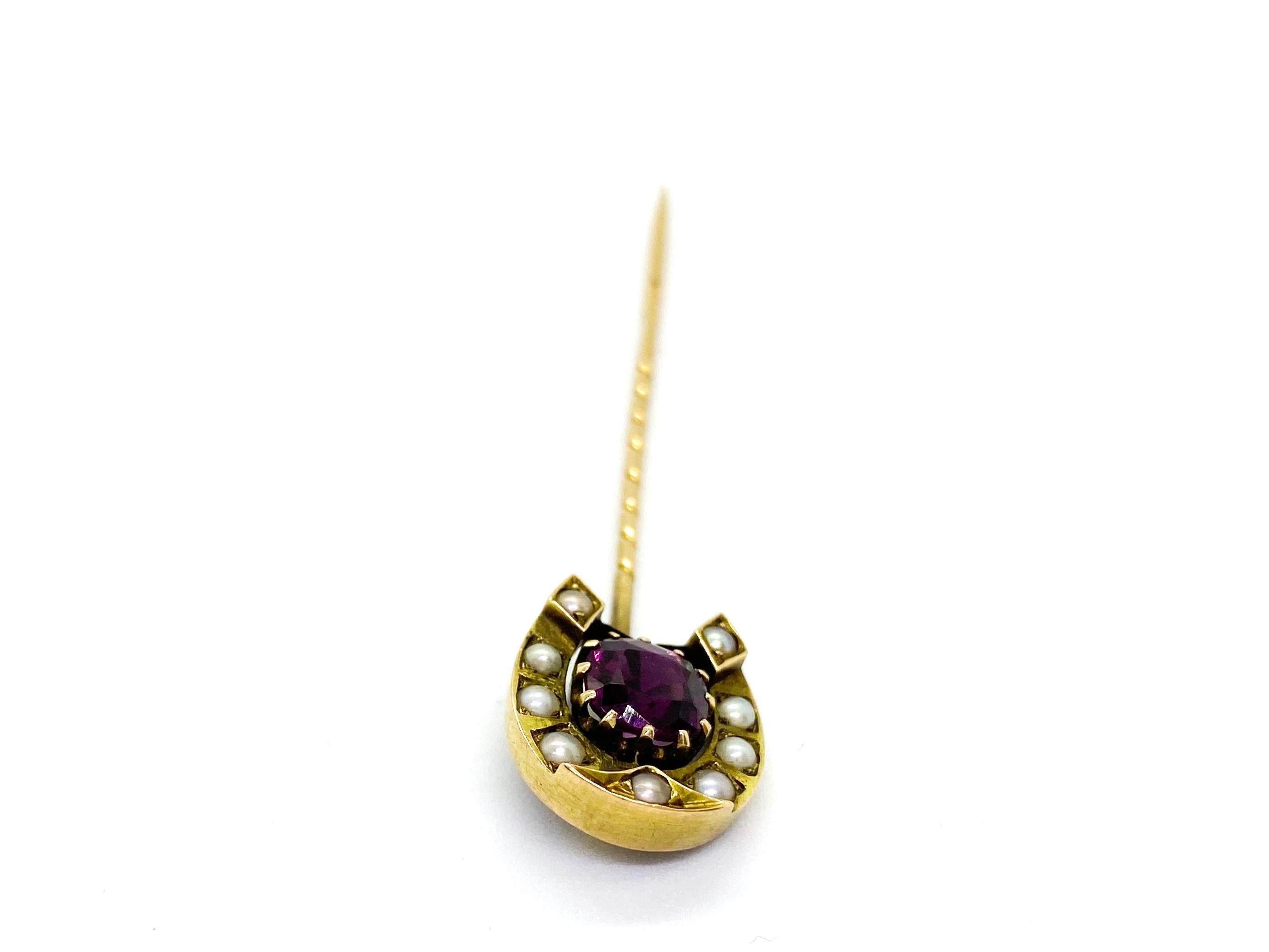 14 Carat Yellow Gold Pearls Red Garnet Horse Shoe Stickpin Russia For Sale 2
