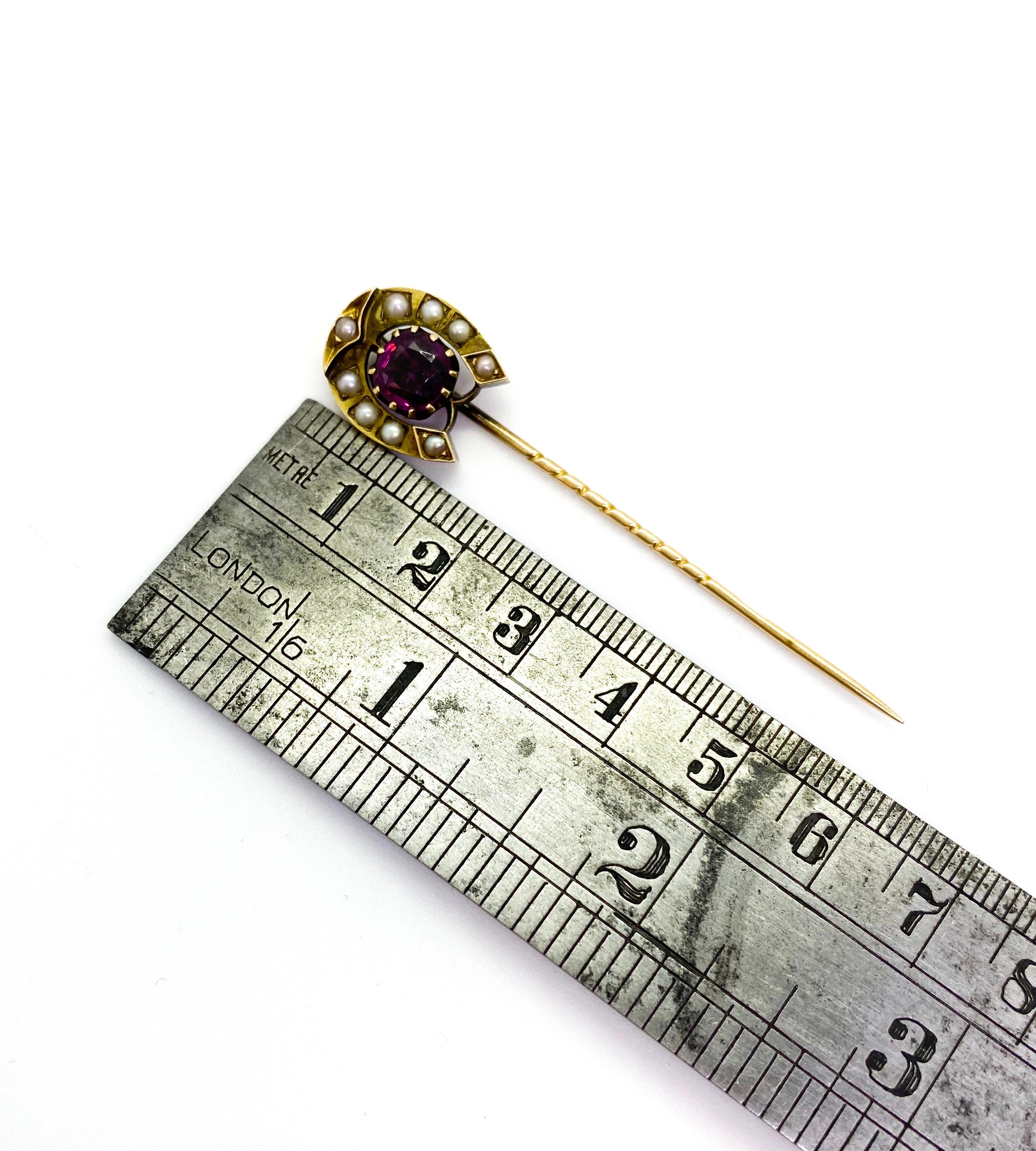 14 Carat Yellow Gold Pearls Red Garnet Horse Shoe Stickpin Russia For Sale 3