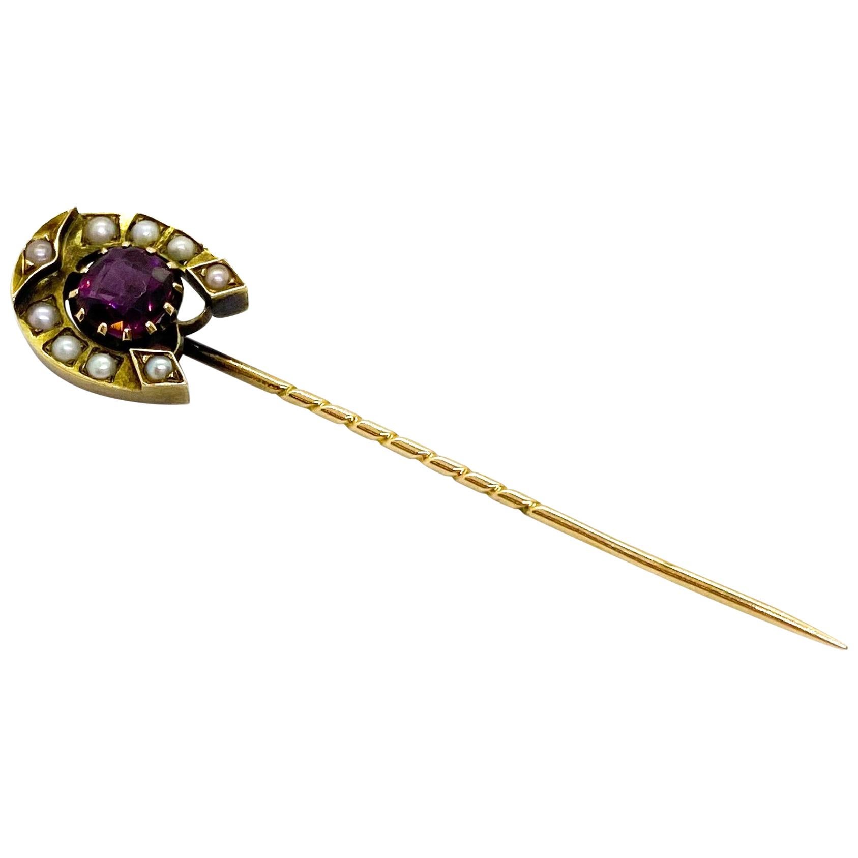 14 Carat Yellow Gold Pearls Red Garnet Horse Shoe Stickpin Russia For Sale