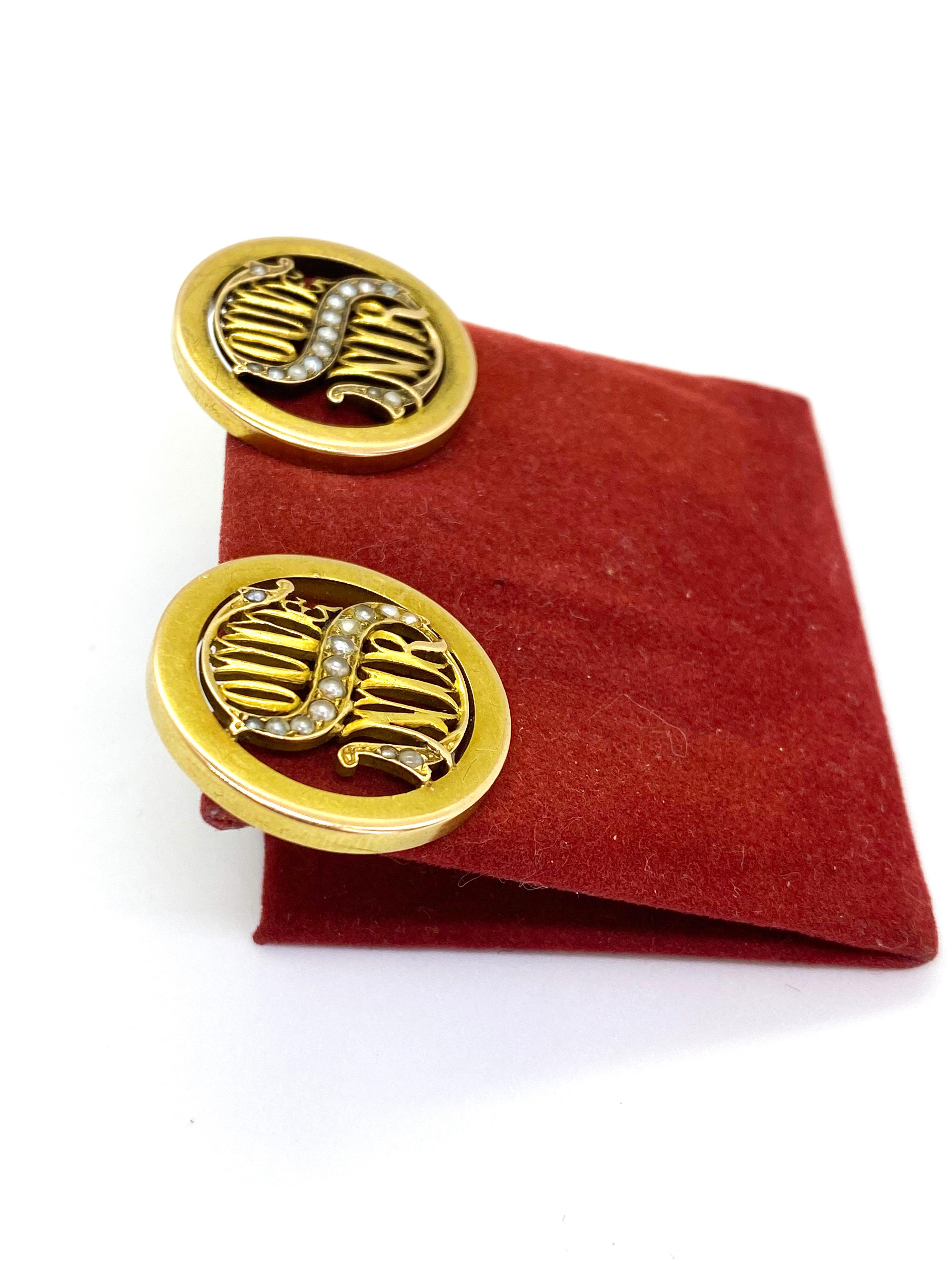 Russian Empire 14 Carat Yellow Gold Pearls Russia Souvenir Cufflinks For Sale