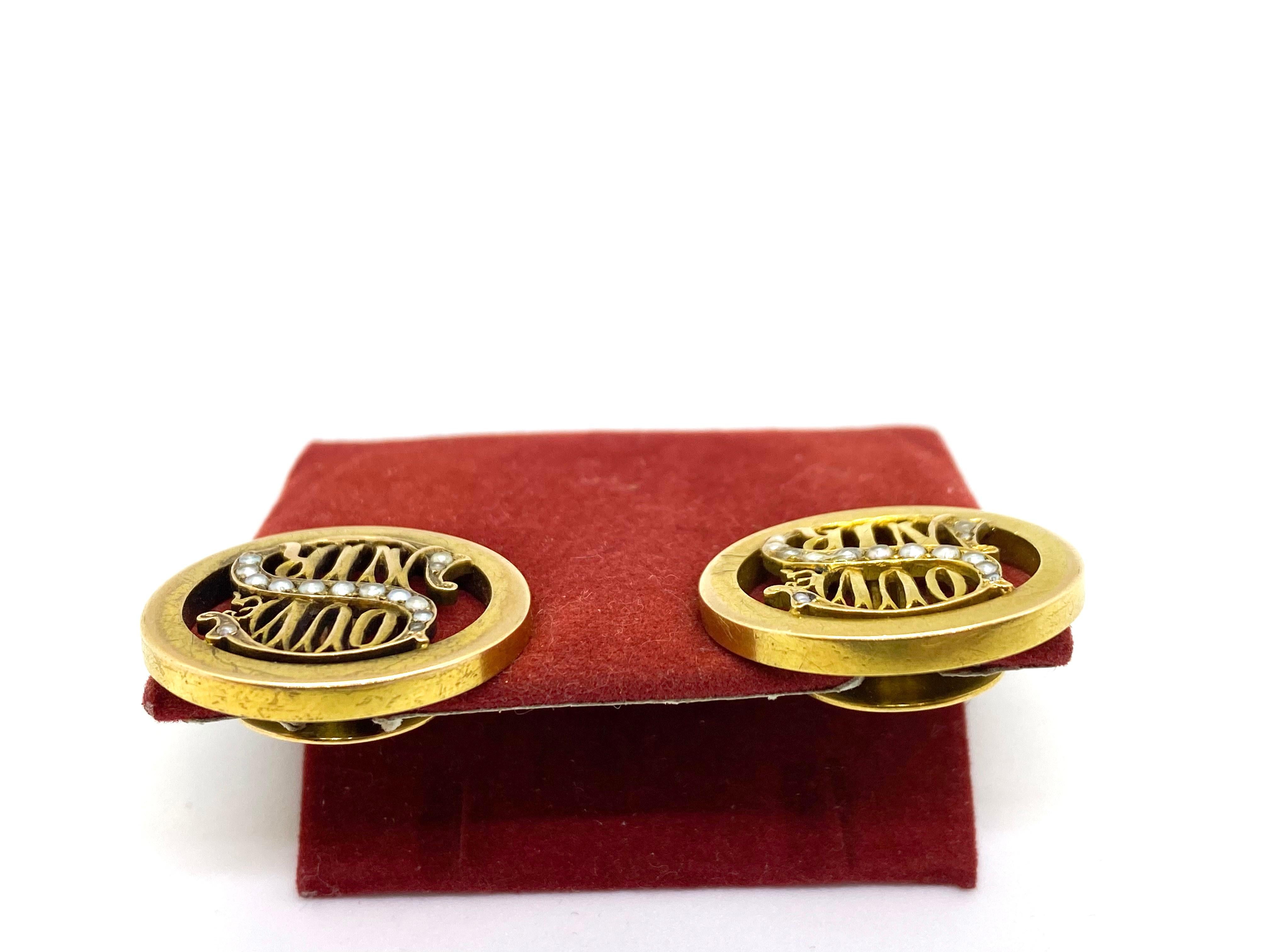 Round Cut 14 Carat Yellow Gold Pearls Russia Souvenir Cufflinks For Sale
