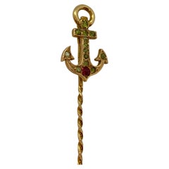 Antique 14 Carat Yellow Gold Ruby Peridotes Russia Anchor Stickpin