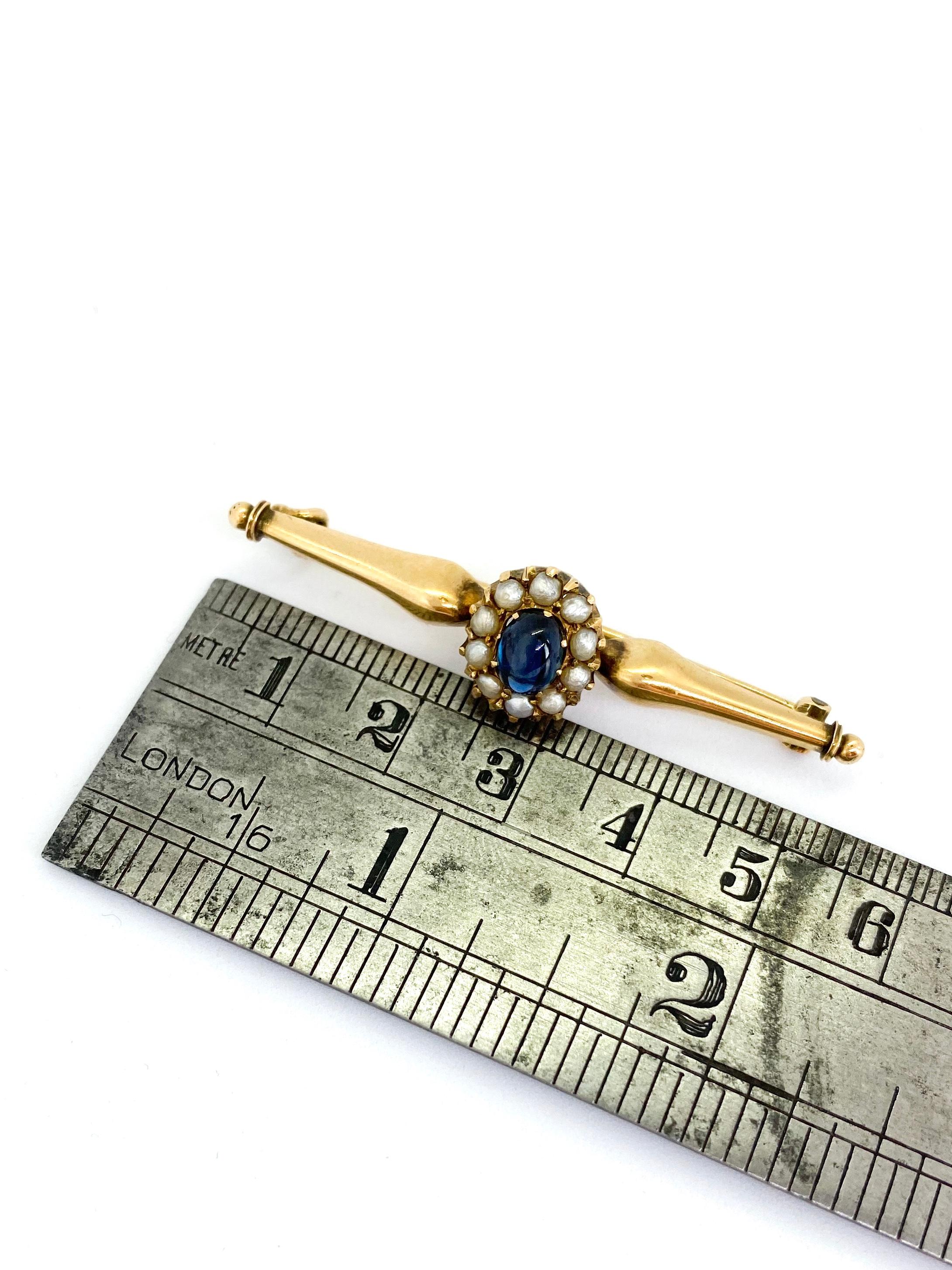 14 Carat Yellow Gold Russia 1.05 Carat Sapphire Pearls Brooch For Sale 4