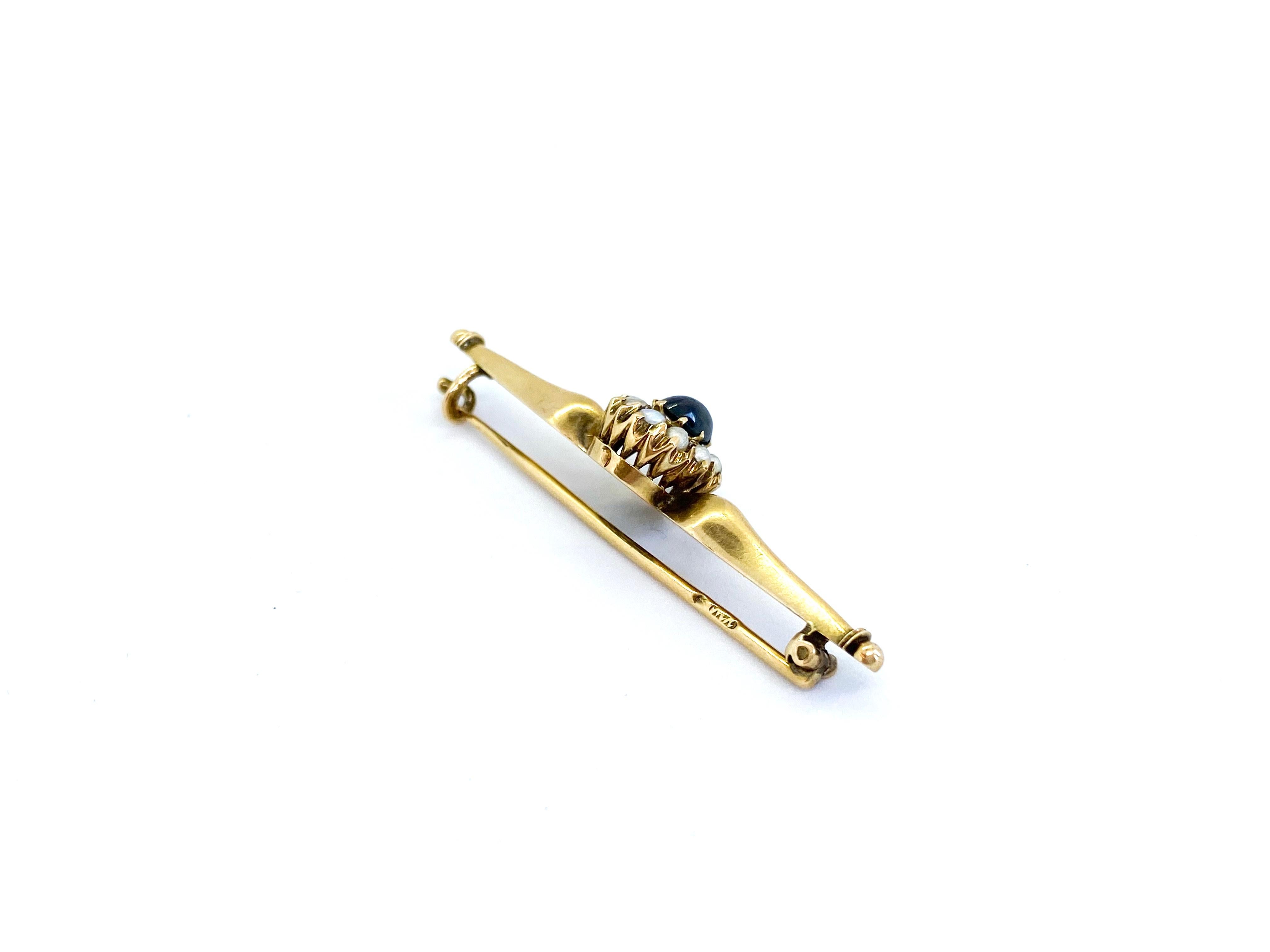 14 Carat Yellow Gold Russia 1.05 Carat Sapphire Pearls Brooch For Sale 1