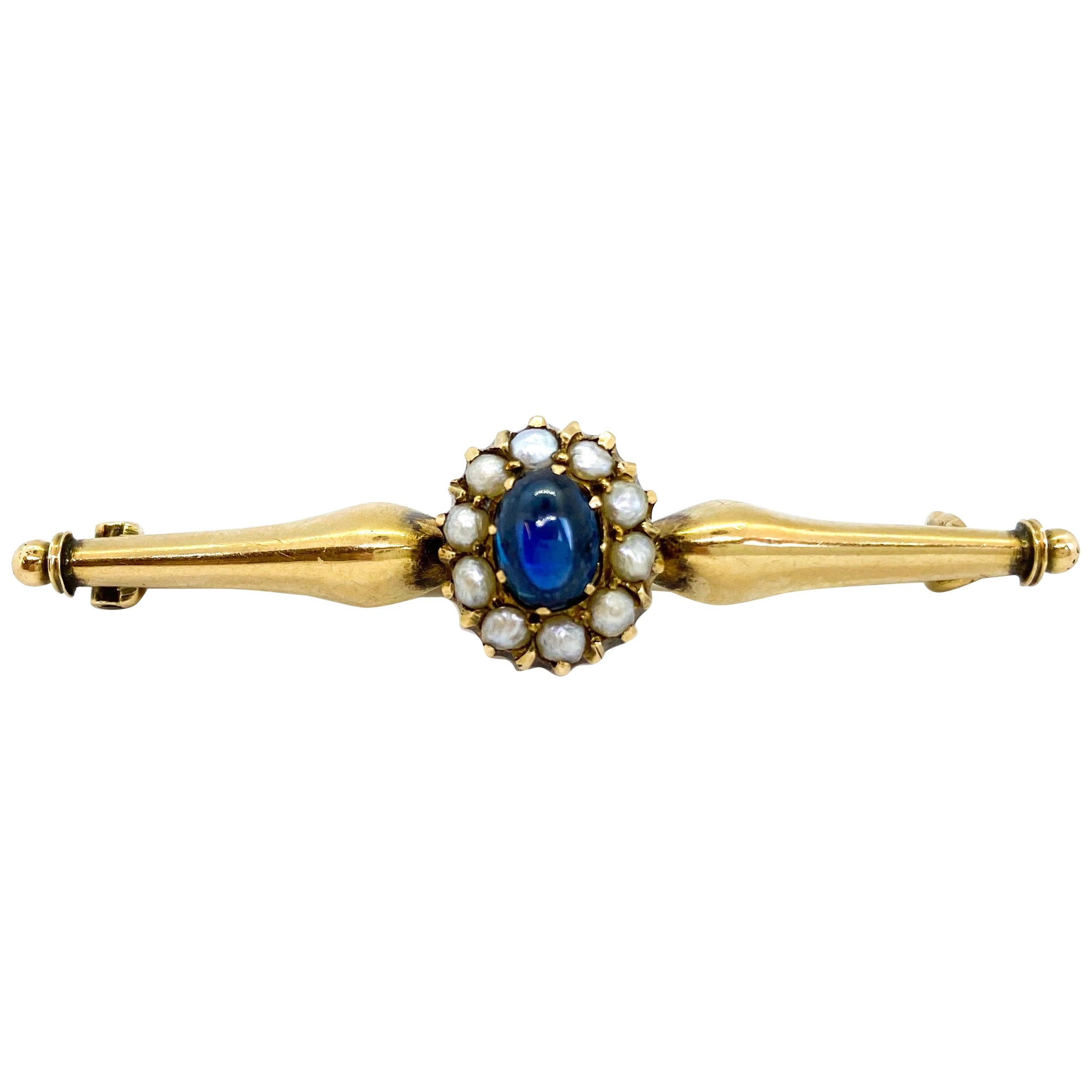 14 Carat Yellow Gold Russia 1.05 Carat Sapphire Pearls Brooch For Sale