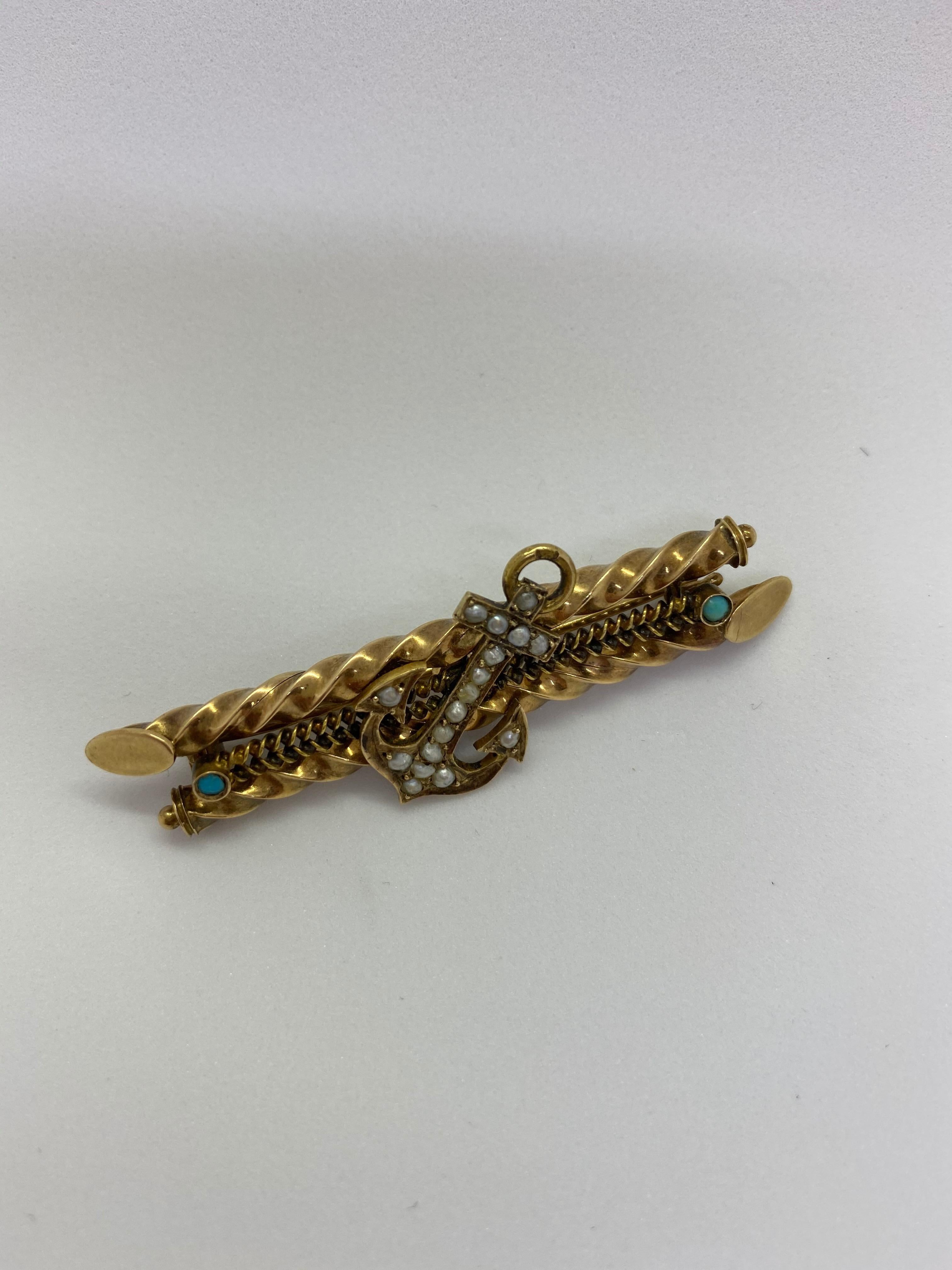 14 Carat Yellow Gold Russia Pearl Turquoise Anchor Barette Brooch
14k, Russia gold stamp 56
Pearls and turquoise
Made in Russia before 1917