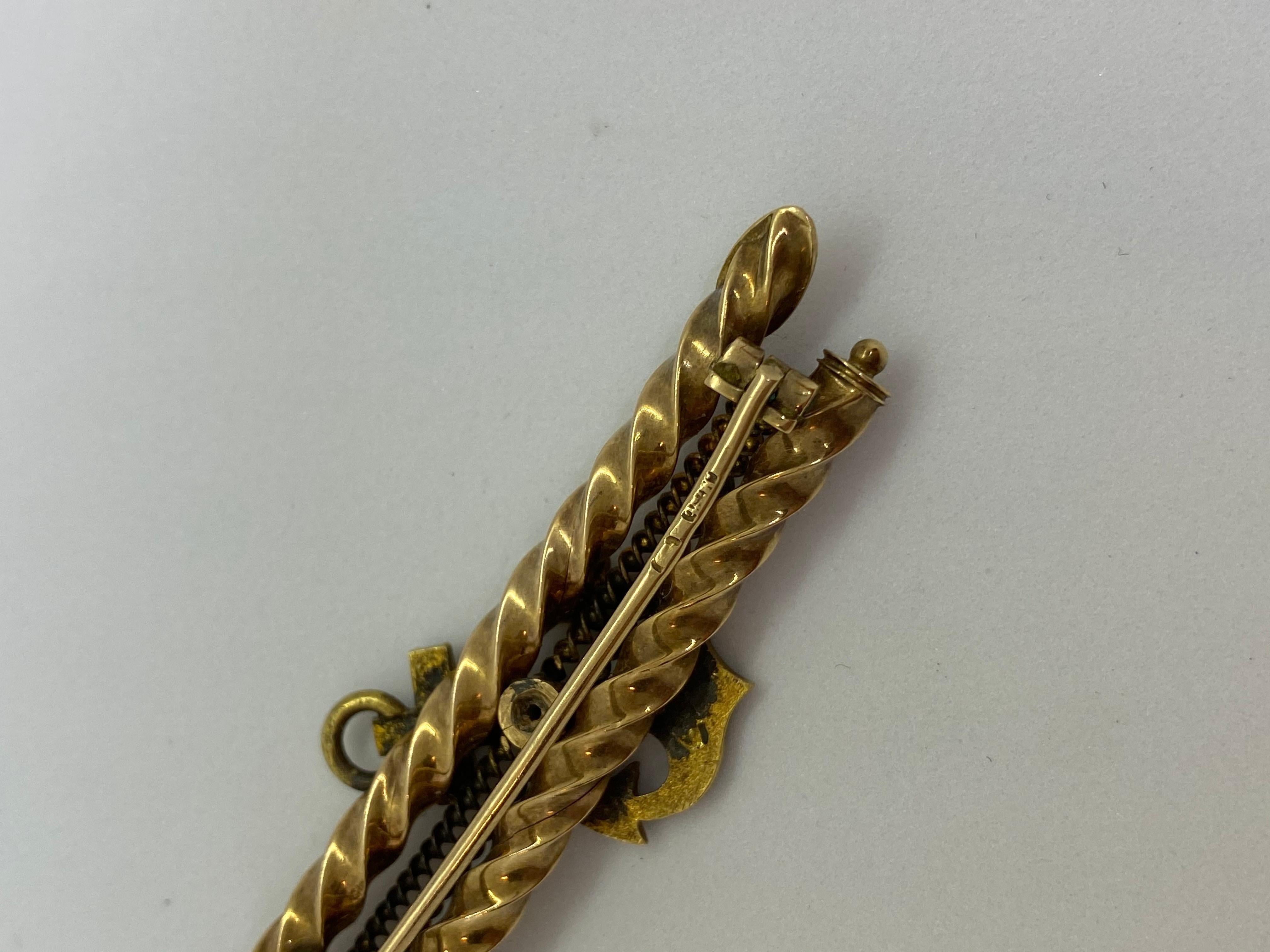 Russian Empire 14 Carat Yellow Gold Russia Pearl Turquoise Anchor Barette Brooch For Sale