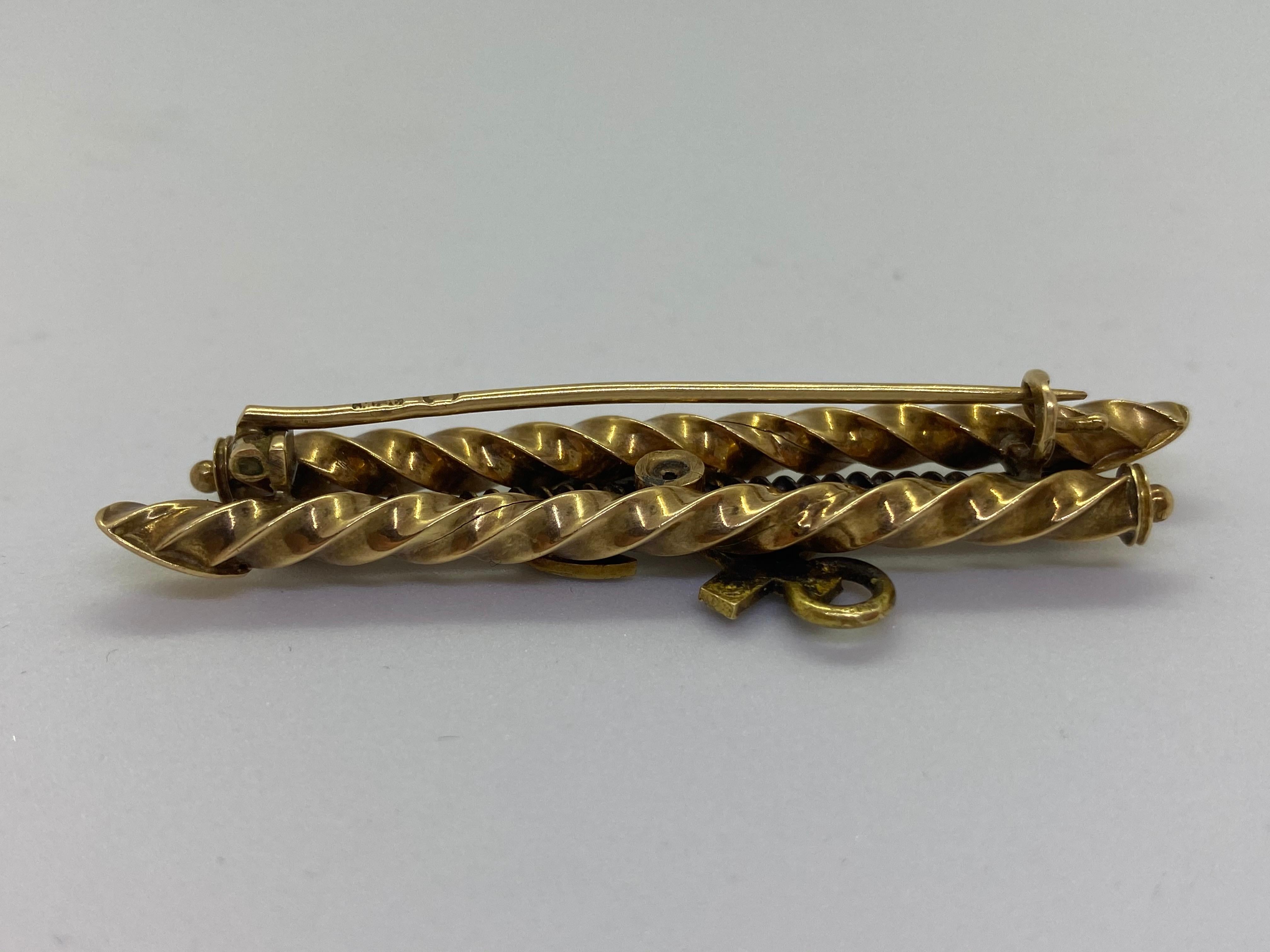 14 Carat Yellow Gold Russia Pearl Turquoise Anchor Barette Brooch In Good Condition For Sale In Orimattila, FI