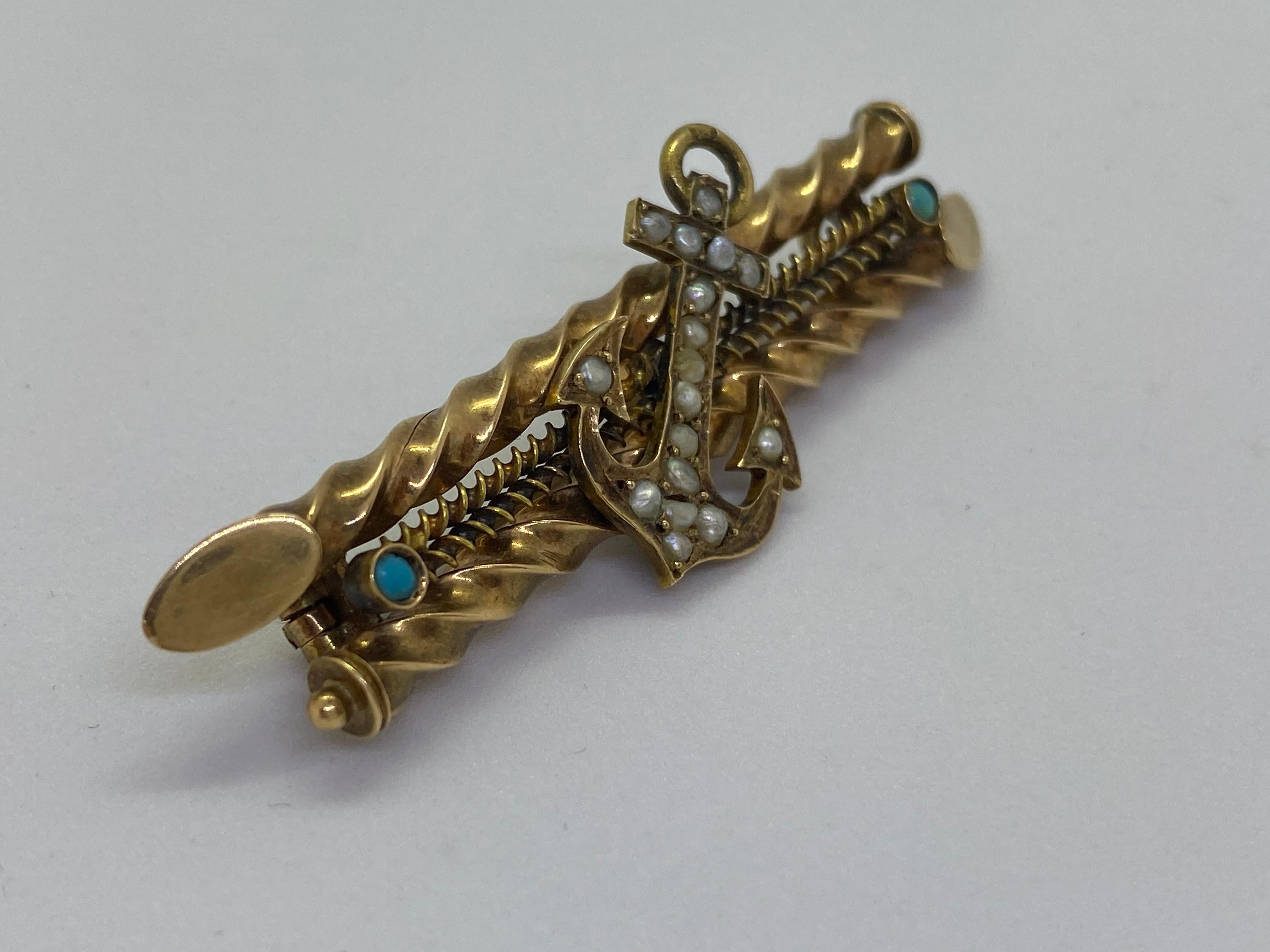 Women's or Men's 14 Carat Yellow Gold Russia Pearl Turquoise Anchor Barette Brooch For Sale