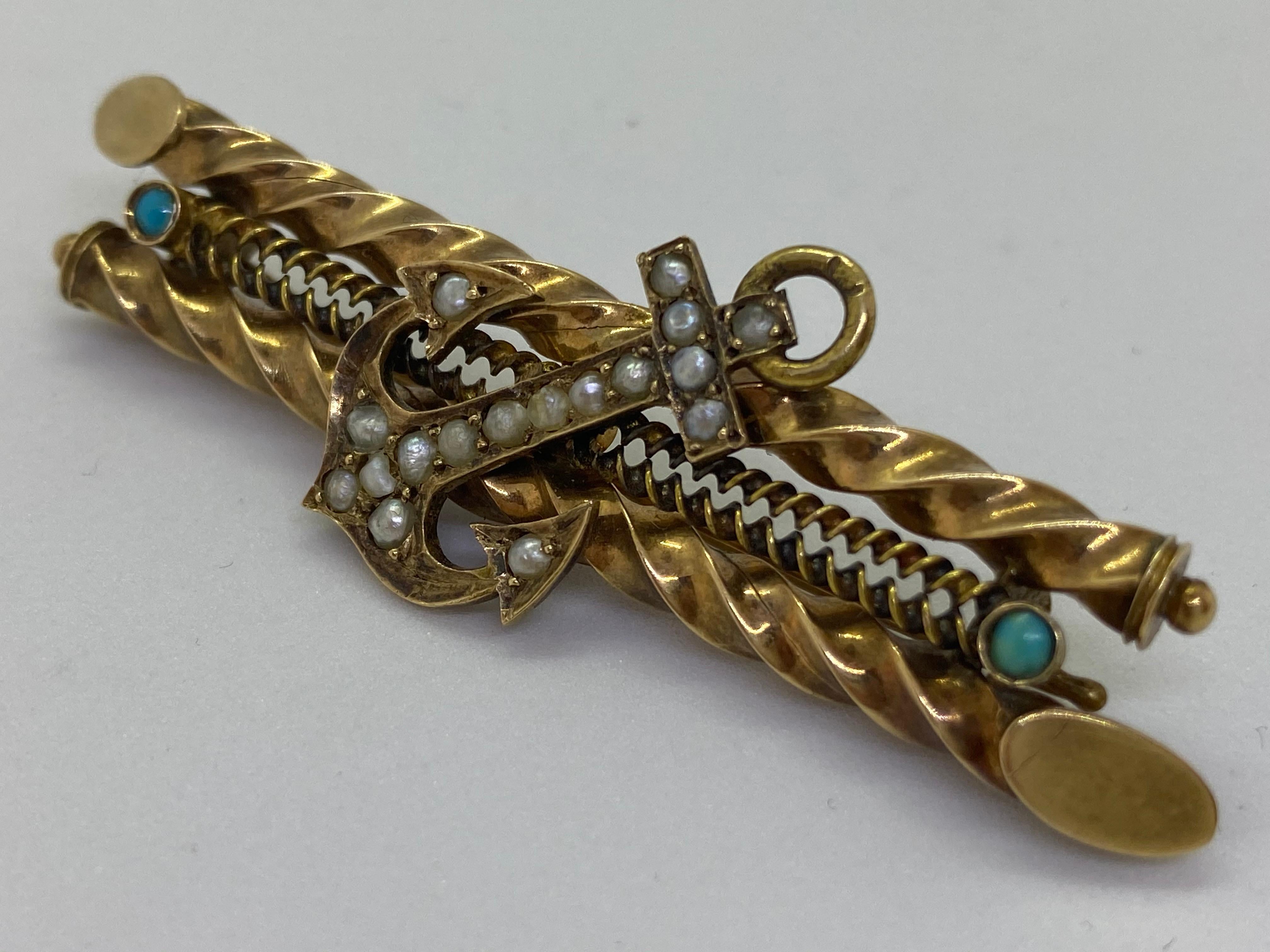 14 Carat Yellow Gold Russia Pearl Turquoise Anchor Barette Brooch For Sale 1