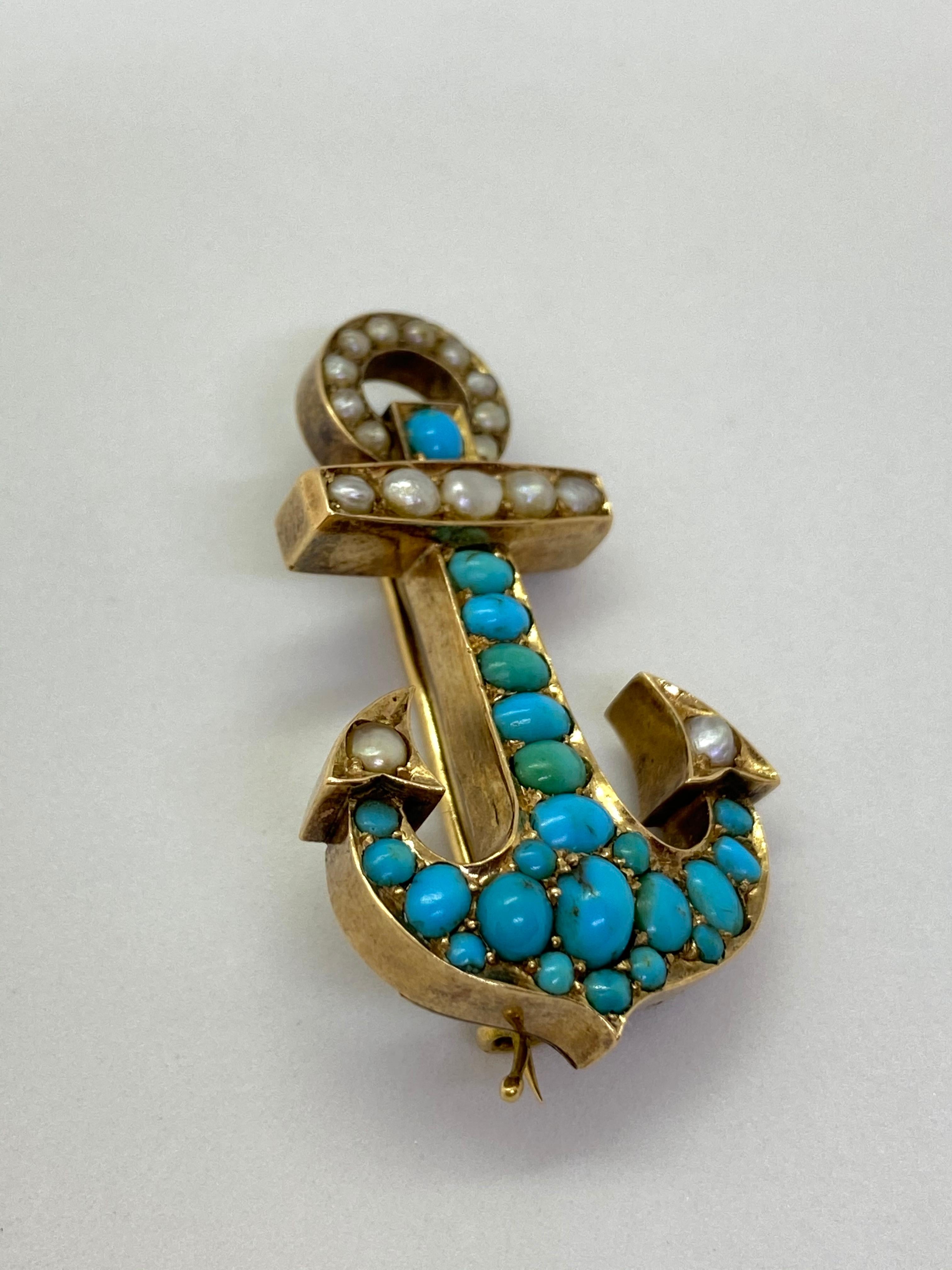 14 Karat Yellow Gold Russia Stones Pearls Anchor Brooch
14k gold, Russia gold stamp 56
Turquoise stones and pearls
Estimated manufactured year 1880
