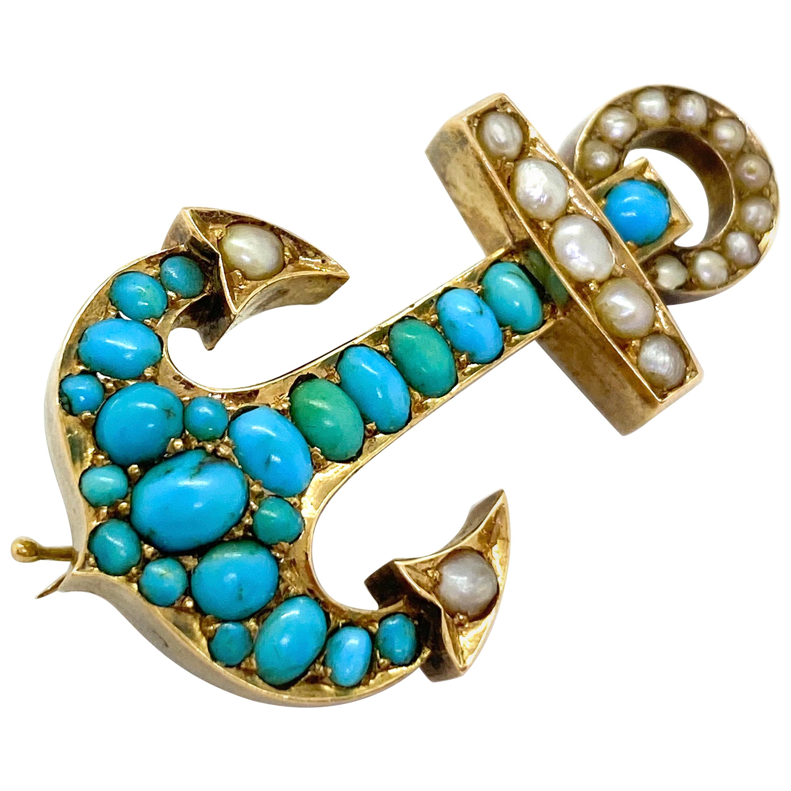 14 Karat Yellow Gold Russia Stones Pearls Anchor Brooch For Sale