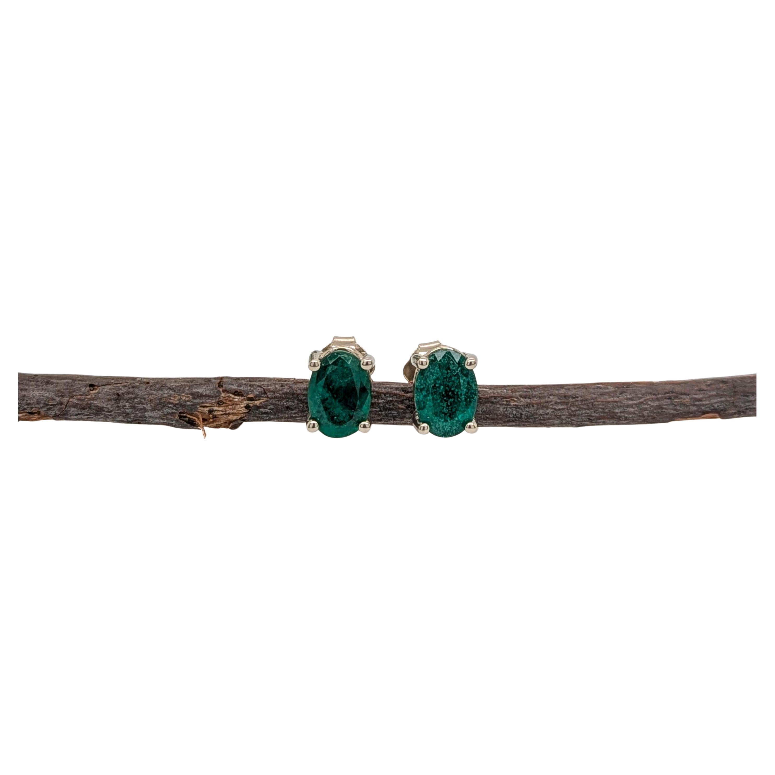 Oval Shape 7x5mm - Zambian Emerald Solitaire Studs in Solid 14K White Gold