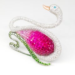 14+ Carat Gem Encrusted Swan Brooch Diamond Ruby Sapphire Tsavorite Paraiba 18K