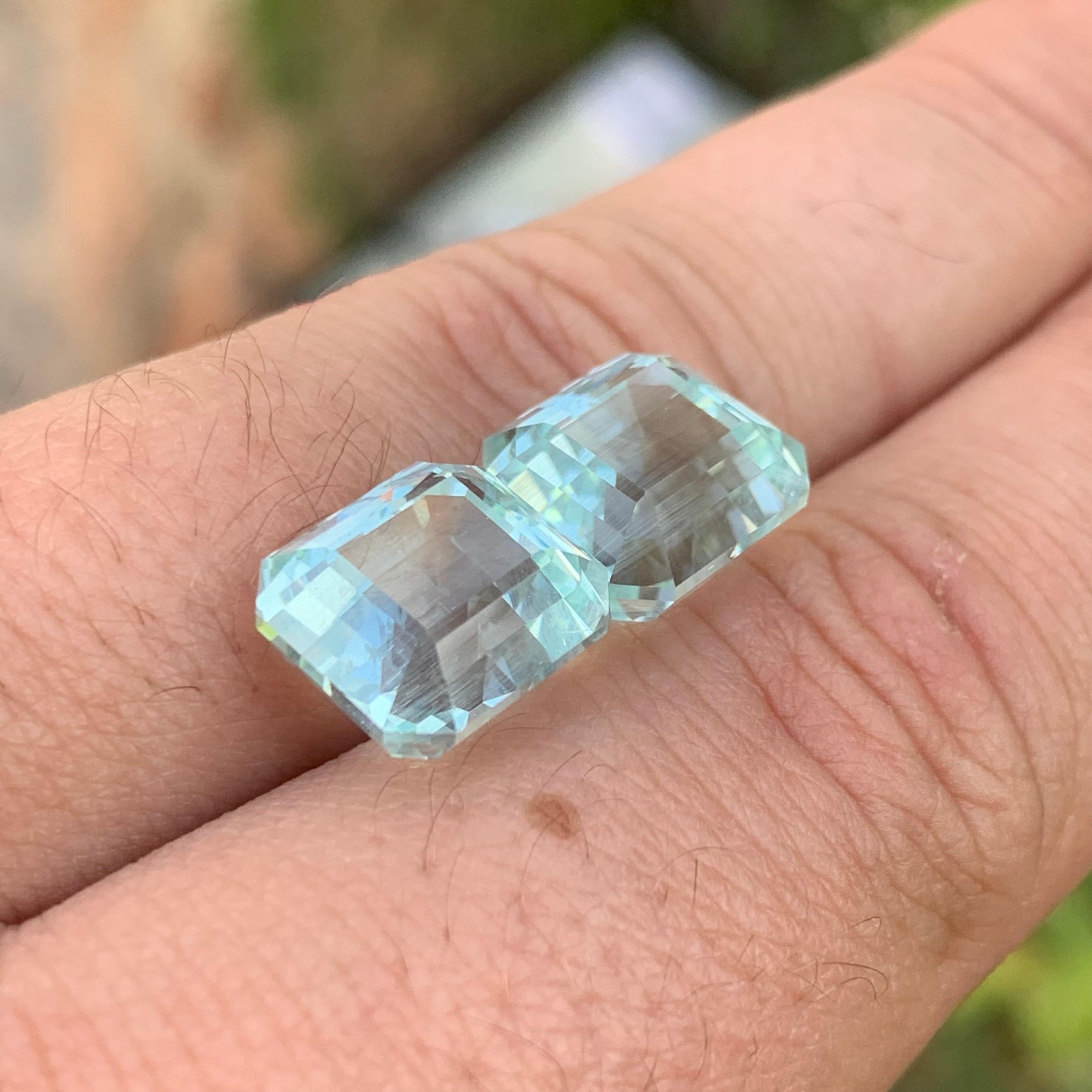 Loose Aquamarine Pairs
Weight: 14 Carats 
Dimension: 11x10x 9.1 & 9.0 Mm
Clarity: Have Needles (Can Seen On Side View)
Treatment: Non
Shape: Emerald 
Cut: Asscher
Aquamarine from Shigar Valley, Pakistan, is highly prized for its exceptional clarity