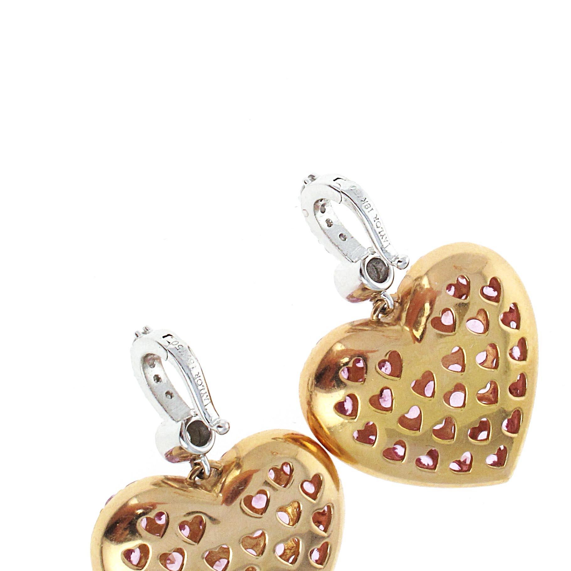 Modern Elizabeth Taylor Pink Sapphire and Diamond Heart Shape Drop Earrings