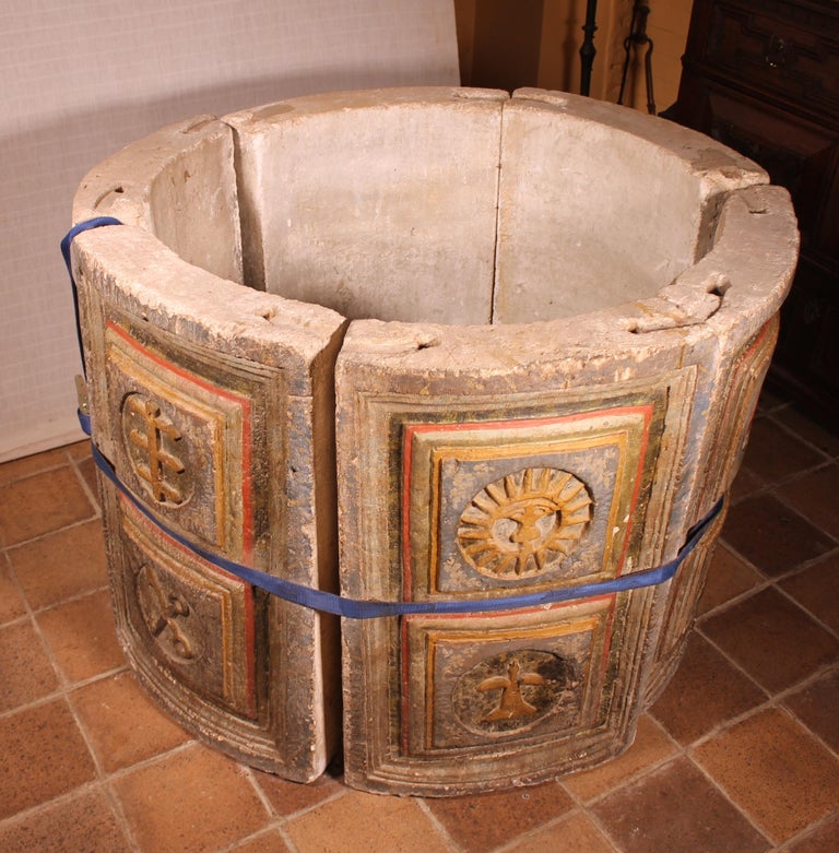 14th Century Baptismal Font in Stone from Spain Original Polychromy at