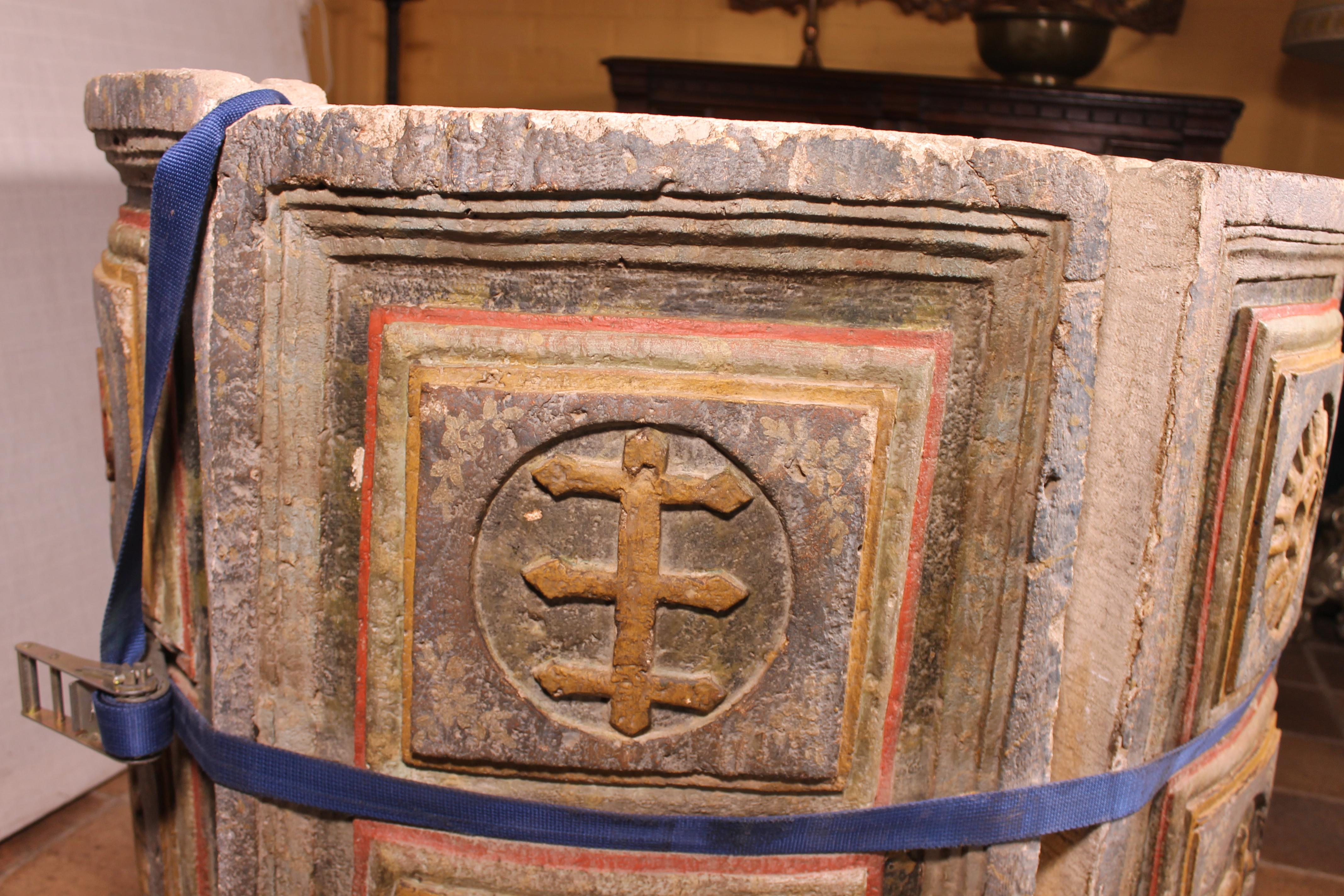 14th Century Baptismal Font in Stone from Spain Original Polychromy 5