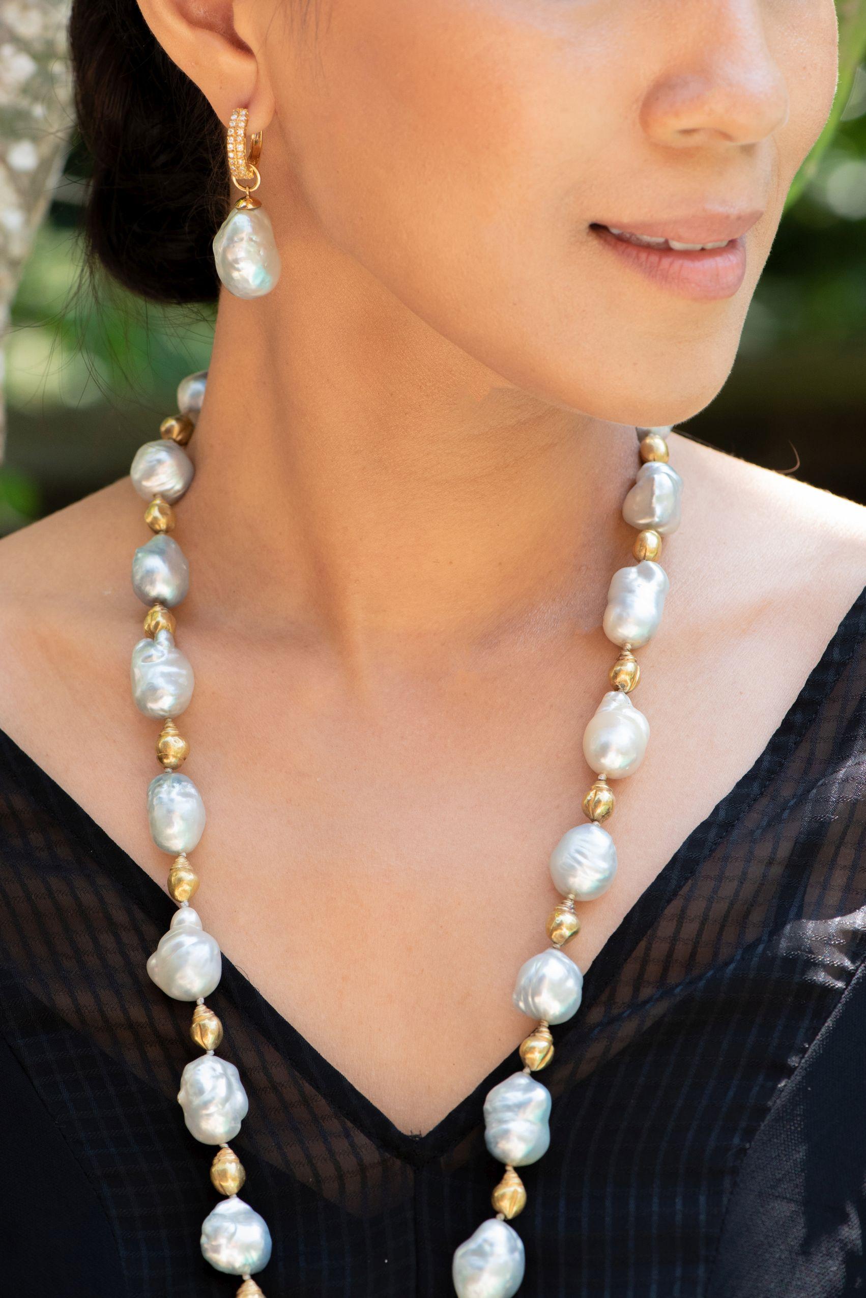 14 Century Gold Beads Oversized Blueish Baroque South Sea Pearls Beaded Necklace For Sale 1