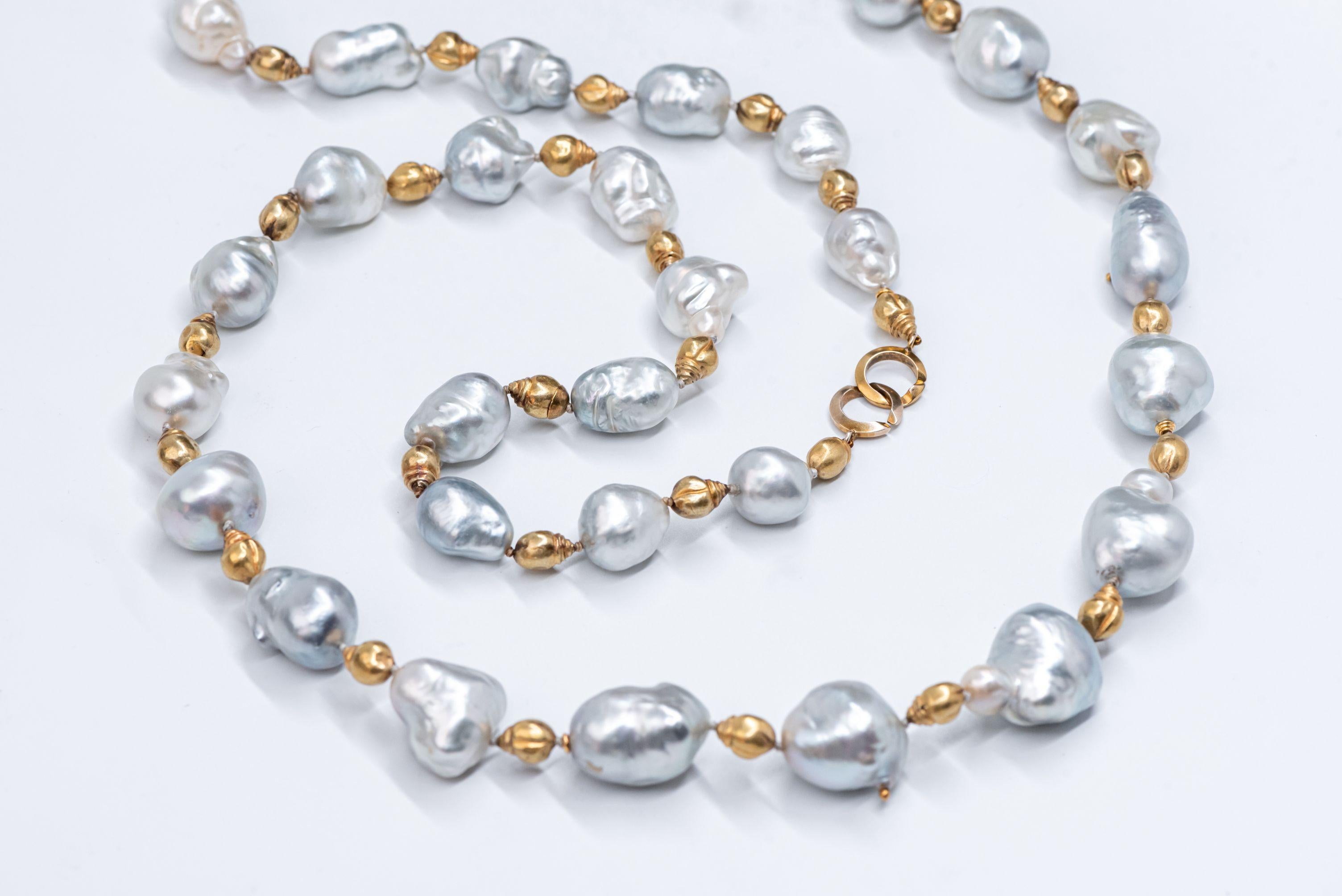 14 Century Gold Beads Oversized Blueish Baroque South Sea Pearls Beaded Necklace For Sale 11