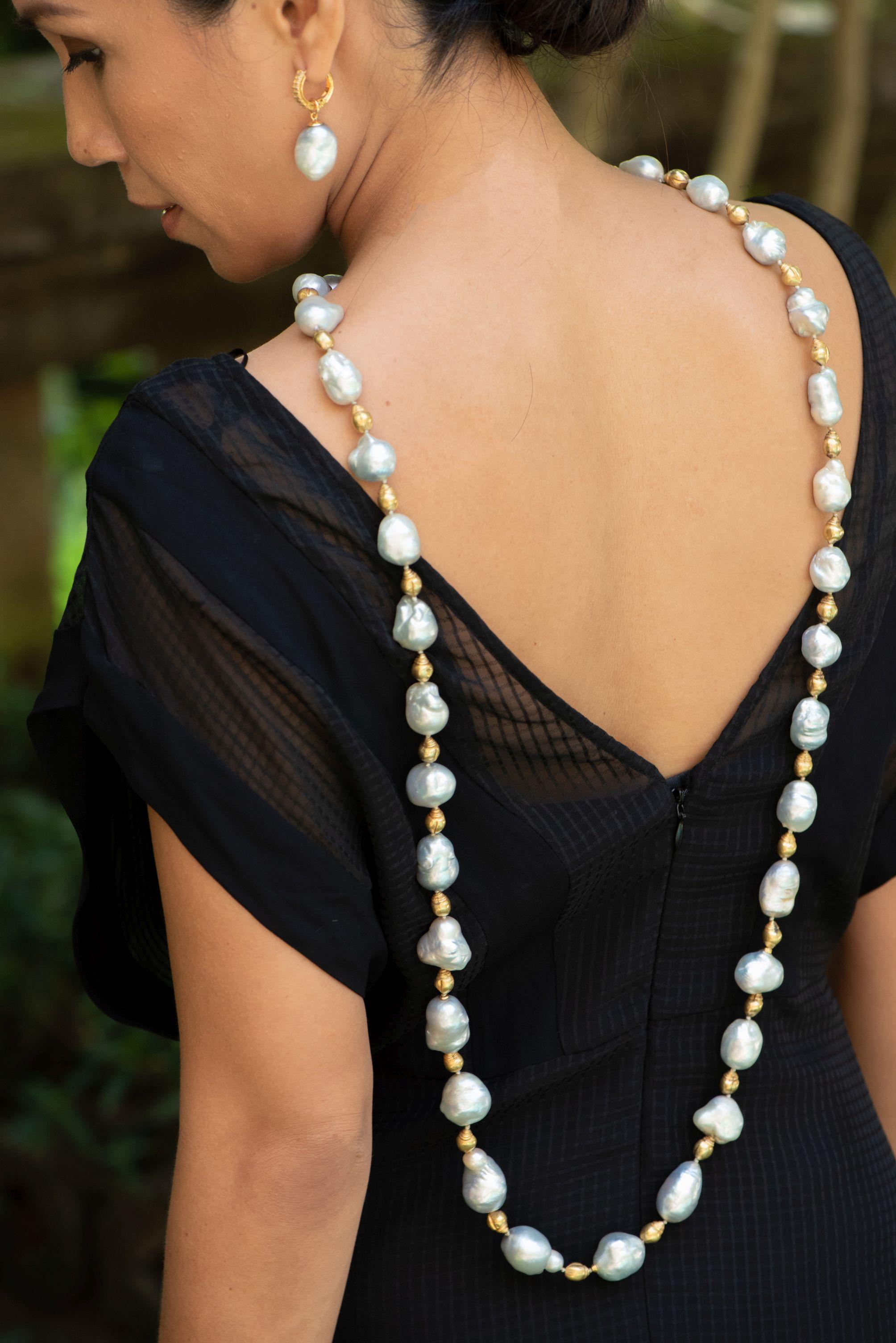 Uncut 14 Century Gold Beads Oversized Blueish Baroque South Sea Pearls Beaded Necklace For Sale