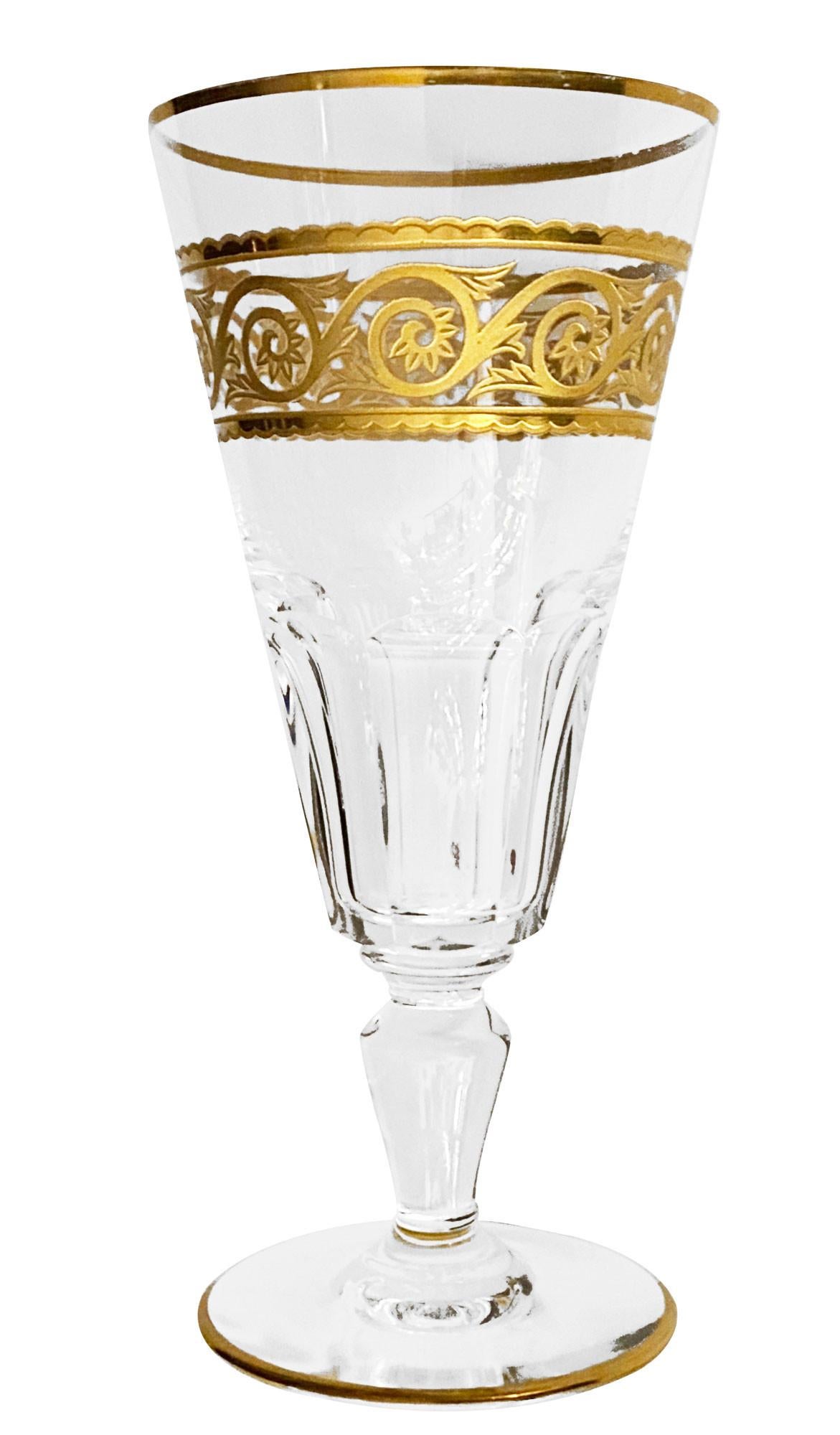 French 14 Champagnes Flutes Baccarat Crystal Eldorado, 22-Carat Gold Engraved, End 19th