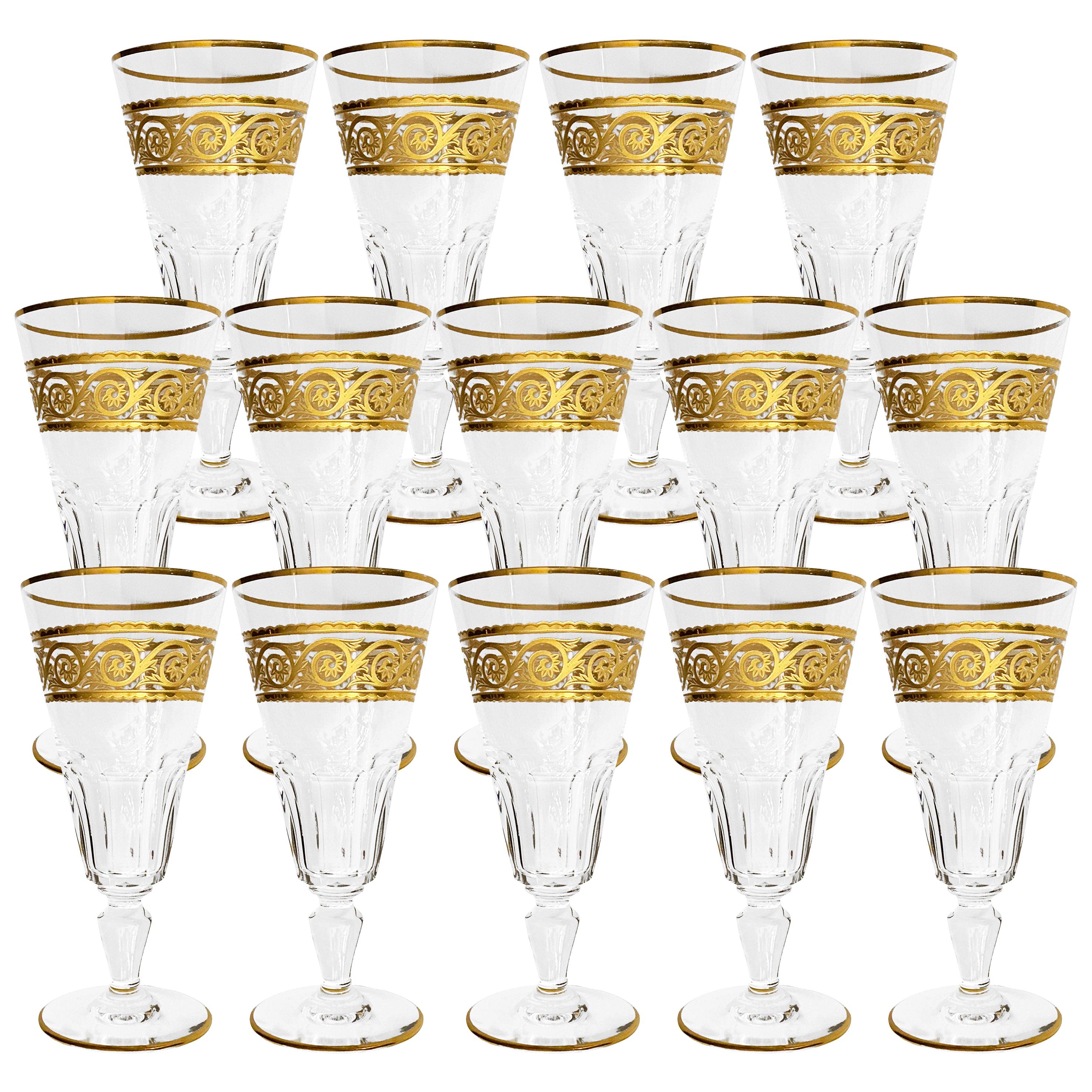 14 Champagnes Flutes Baccarat Crystal Eldorado, 22-Carat Gold Engraved, End 19th