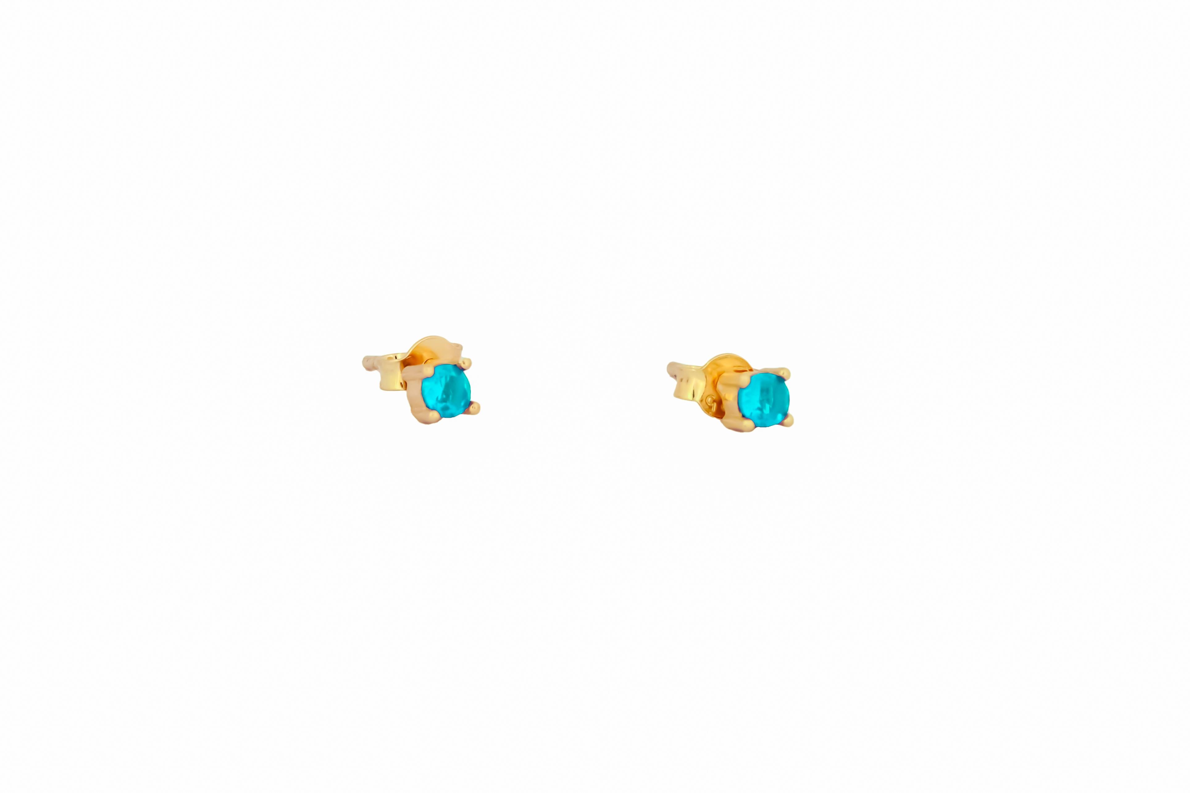 Modern 14 ct Gold Lab Paraiba Stud Earrings.  For Sale