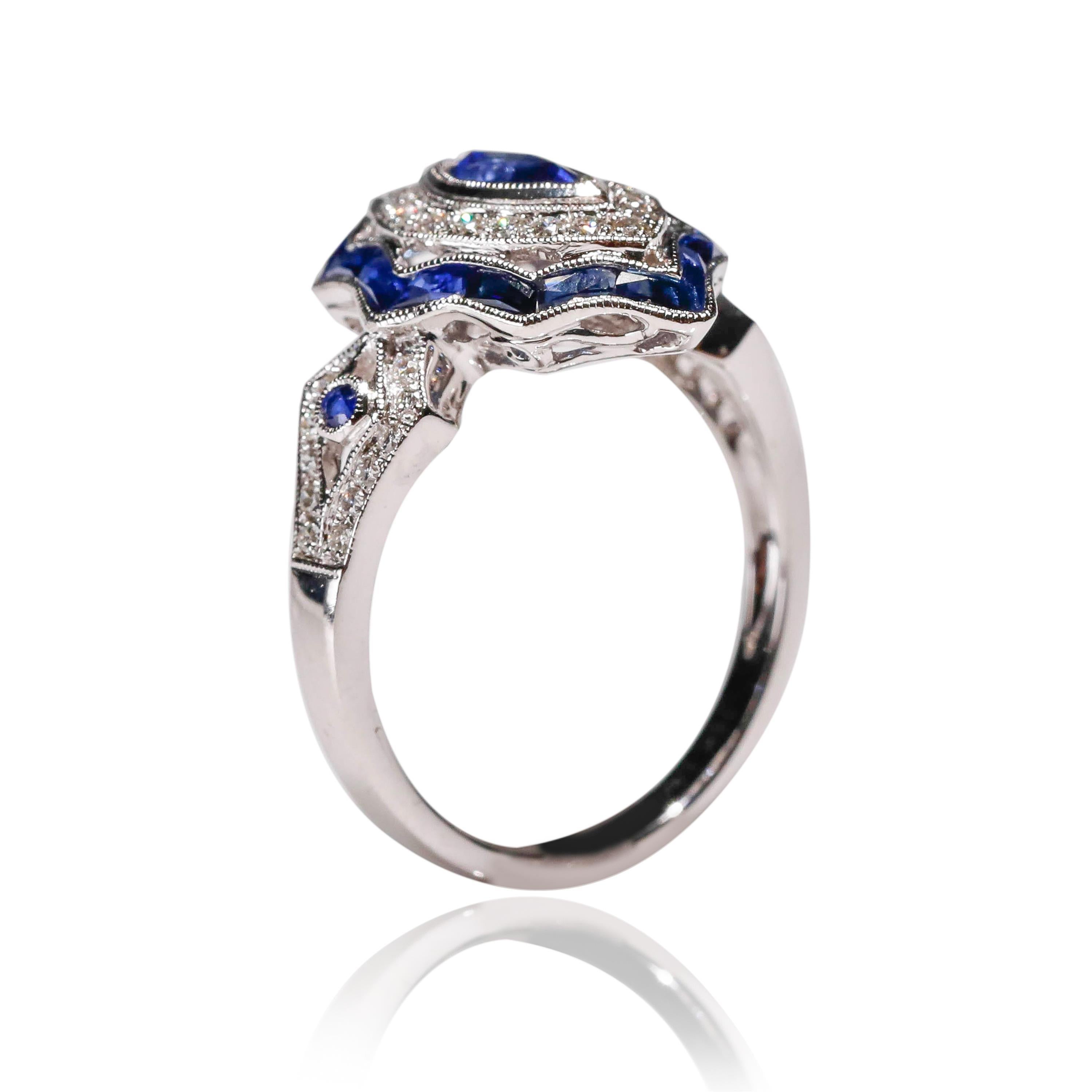 Verlobungsring aus 18 Karat Weißgold mit 1,4 Karat blauem Saphir im Marquise-Schliff und Diamant (Kunsthandwerker*in) im Angebot