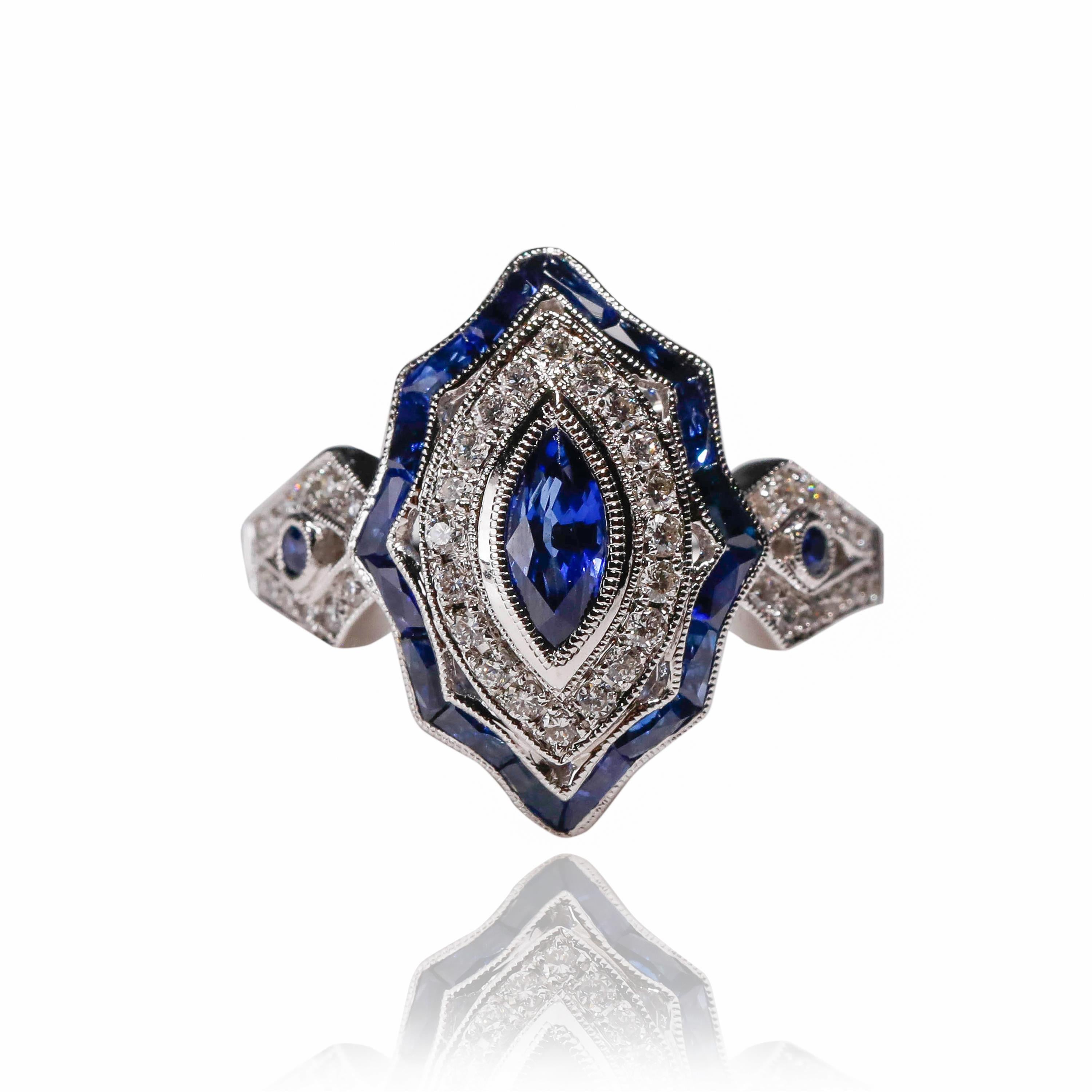 Verlobungsring aus 18 Karat Weißgold mit 1,4 Karat blauem Saphir im Marquise-Schliff und Diamant (Marquiseschliff) im Angebot