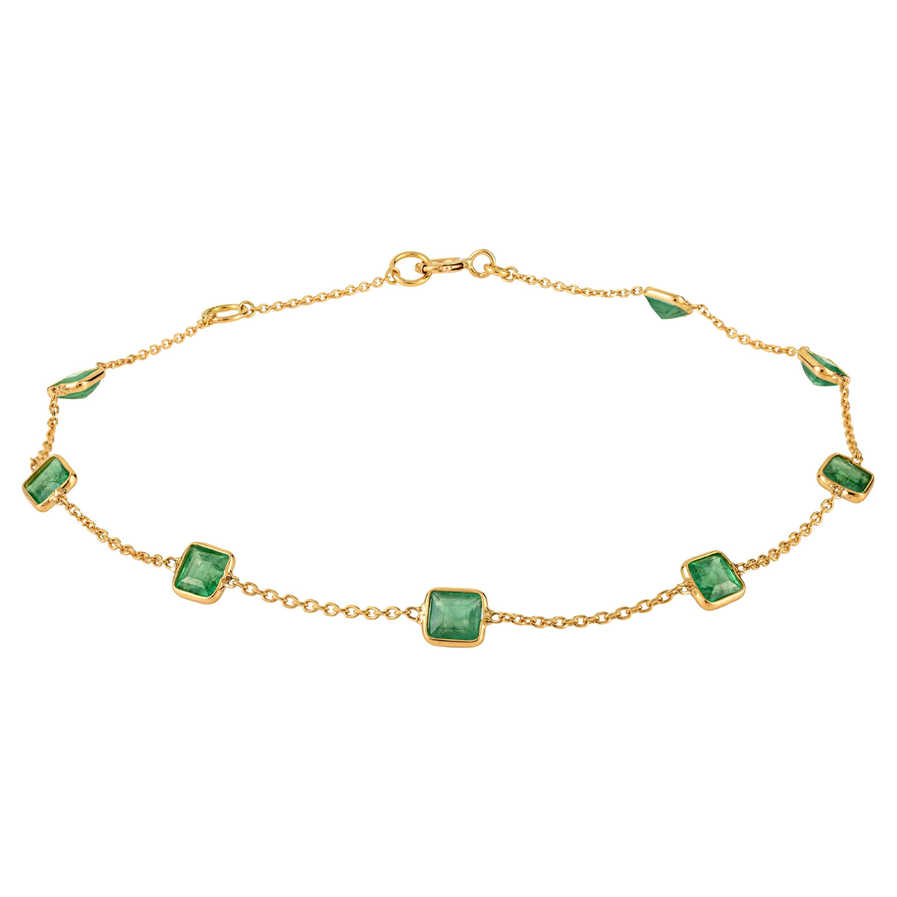 1.4 Ct Natural Square Emerald Station Bracelet en or jaune 18K Holiday Gift