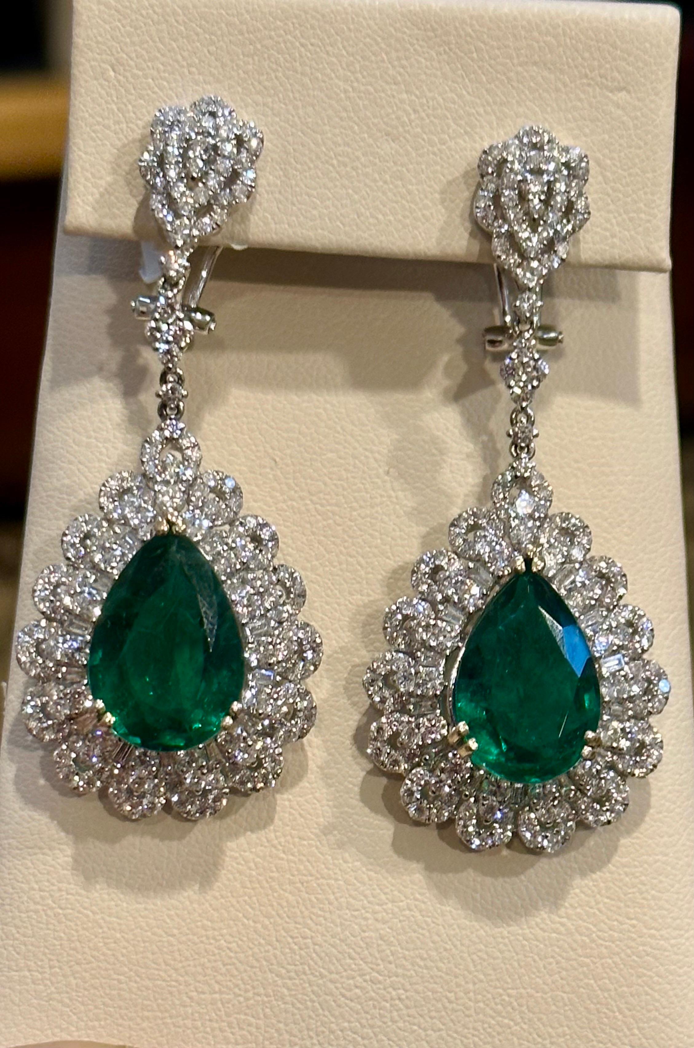 GIA Certified 14Ct Pear/Drop Zambian Emerald 7 Ct Diamond  Earrings 18 Kt Gold For Sale 2
