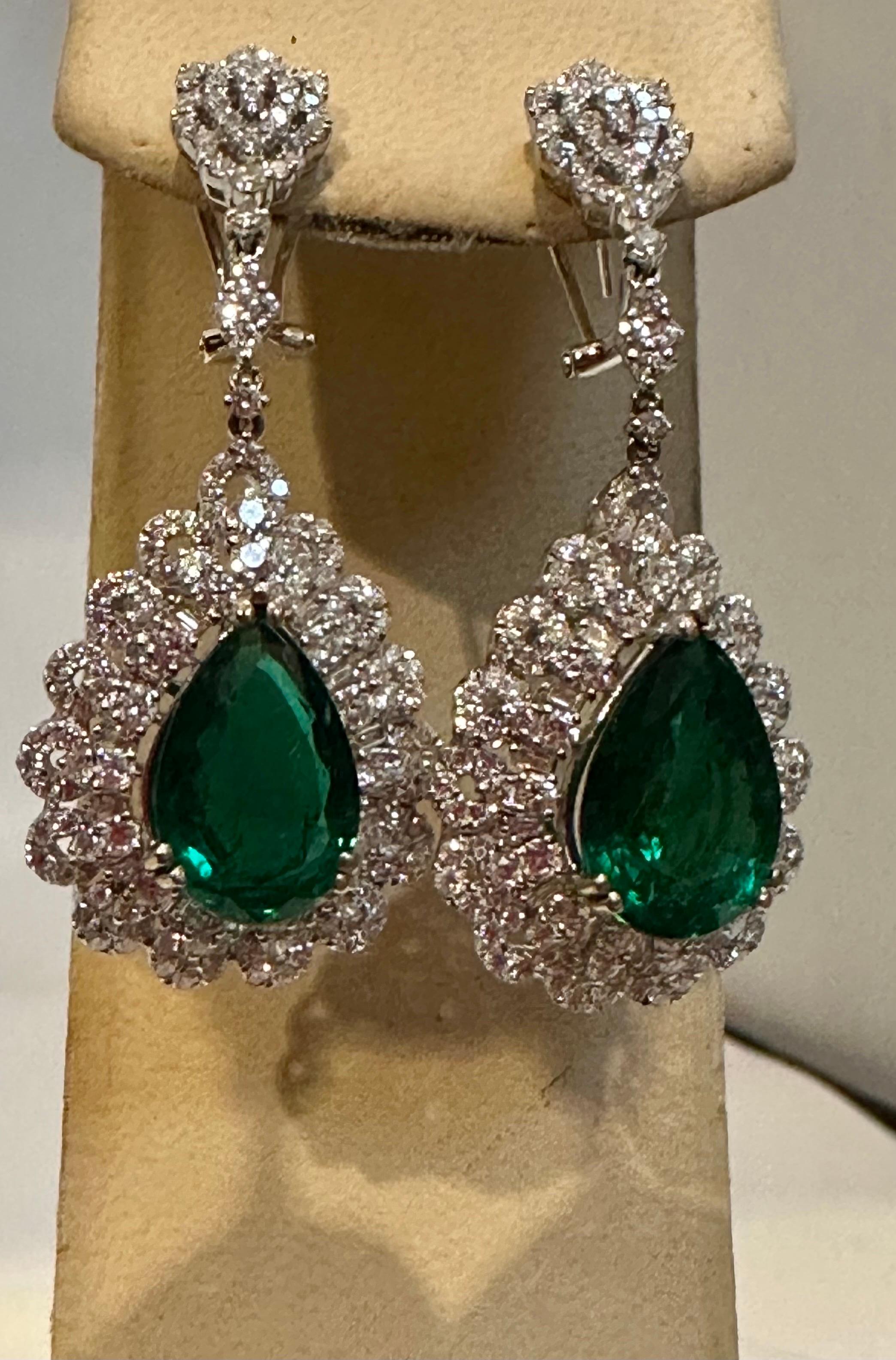 GIA Certified 14Ct Pear/Drop Zambian Emerald 7 Ct Diamond  Earrings 18 Kt Gold For Sale 3