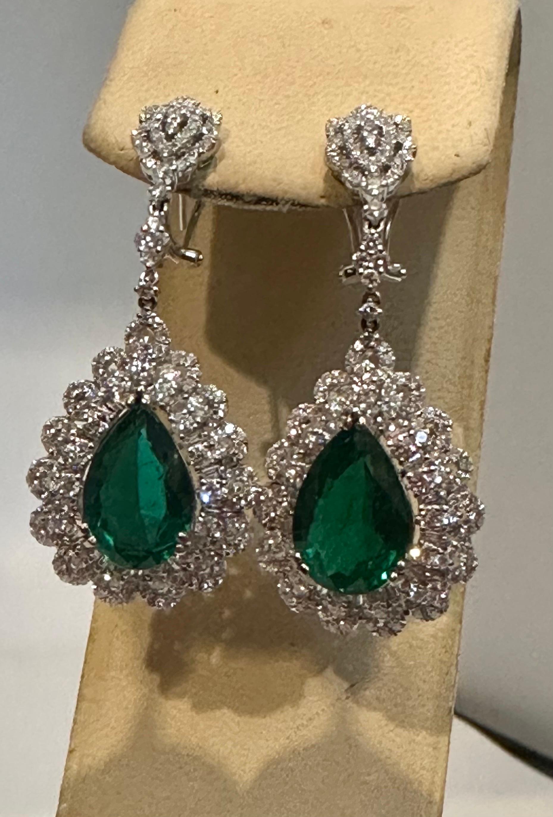 GIA Certified 14Ct Pear/Drop Zambian Emerald 7 Ct Diamond  Earrings 18 Kt Gold For Sale 4