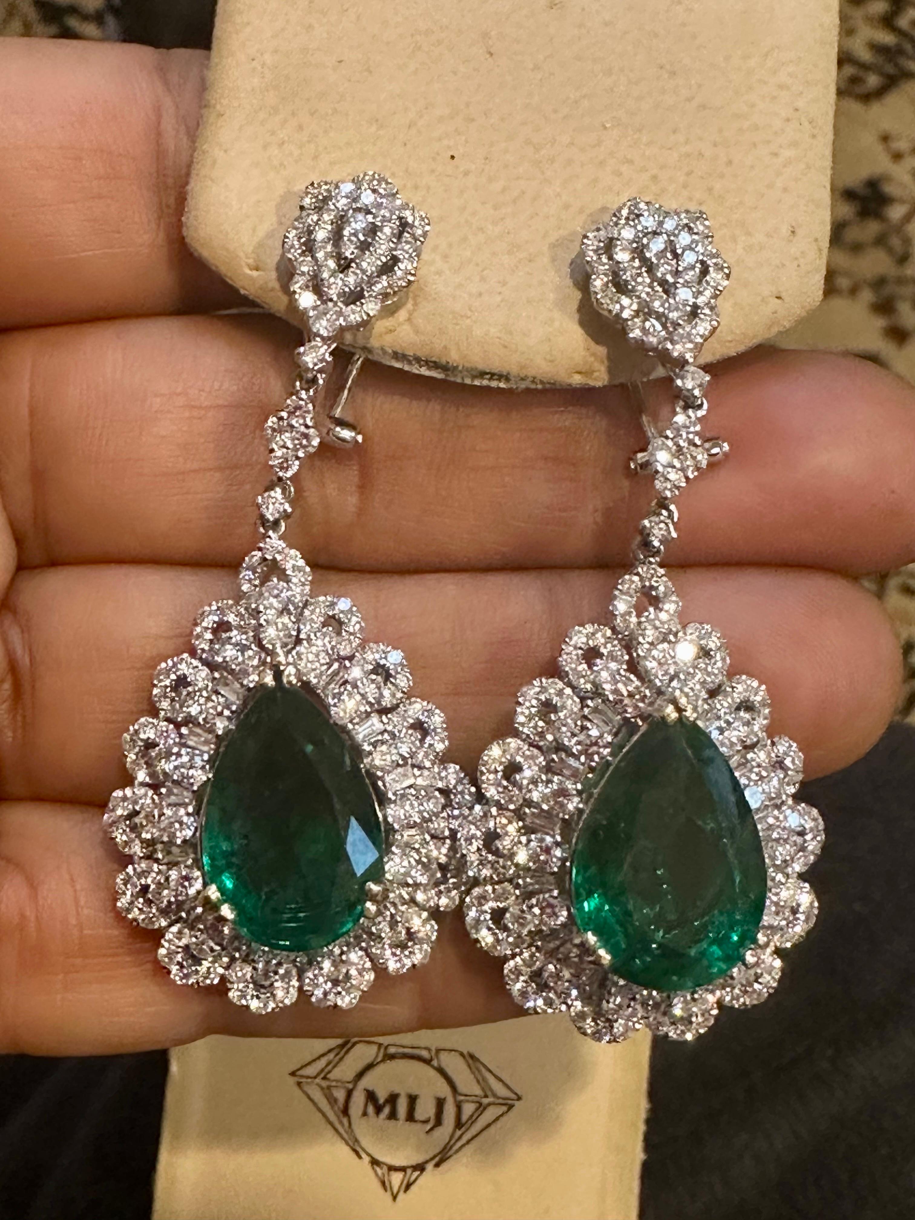 GIA Certified 14Ct Pear/Drop Zambian Emerald 7 Ct Diamond  Earrings 18 Kt Gold For Sale 5