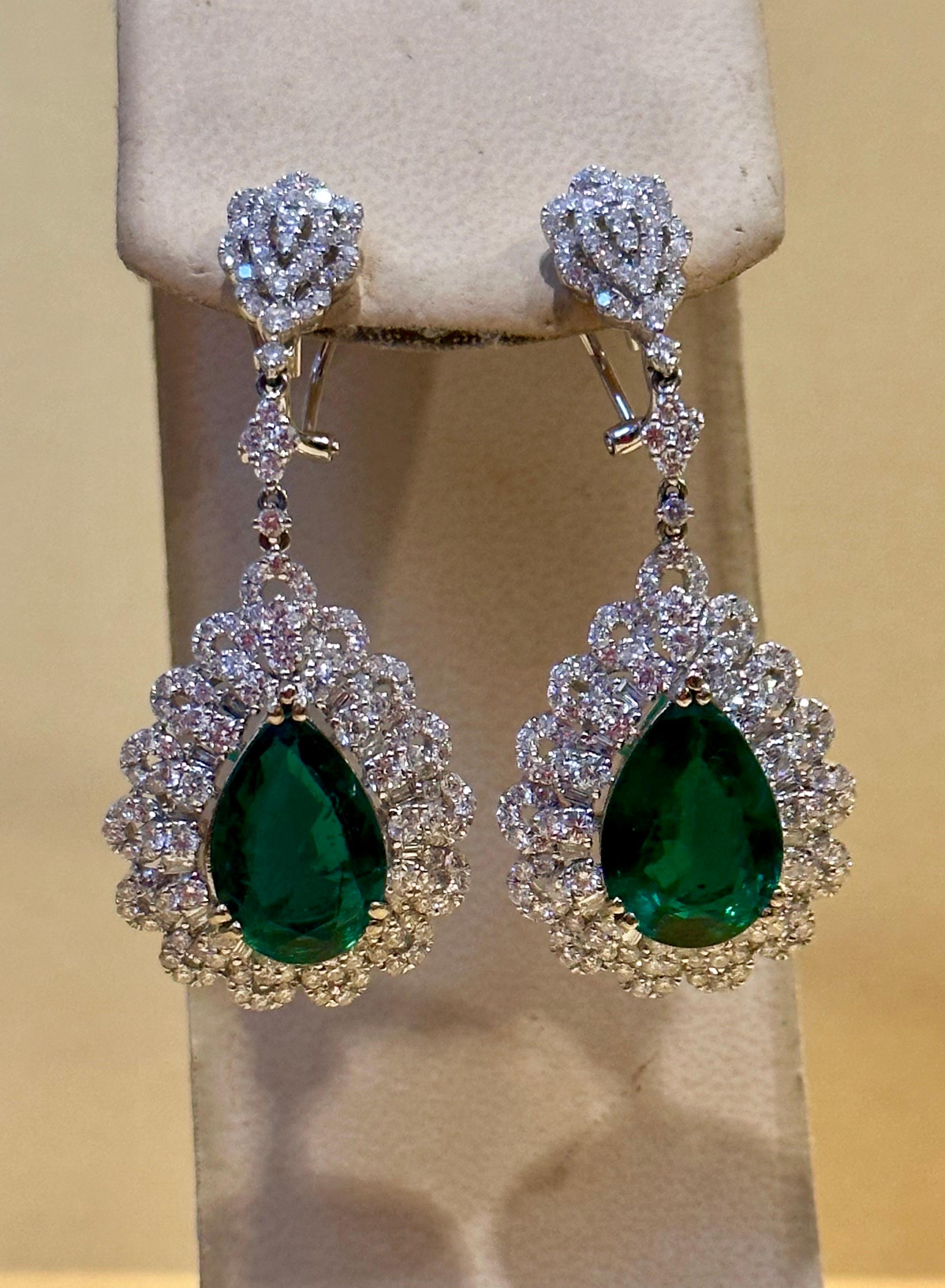 GIA Certified 14Ct Pear/Drop Zambian Emerald 7 Ct Diamond  Earrings 18 Kt Gold For Sale 7