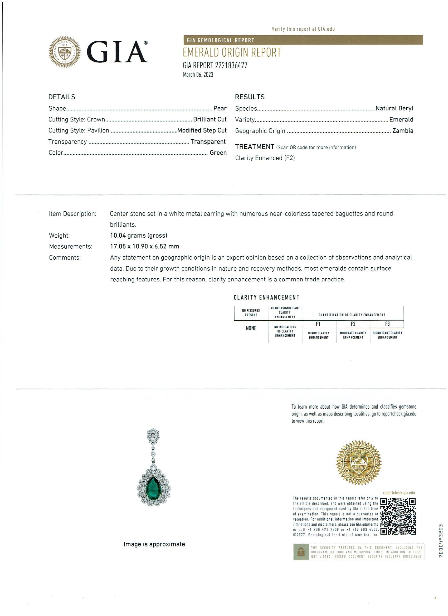 GIA Certified 14Ct Pear/Drop Zambian Emerald 7 Ct Diamond  Earrings 18 Kt Gold For Sale 8