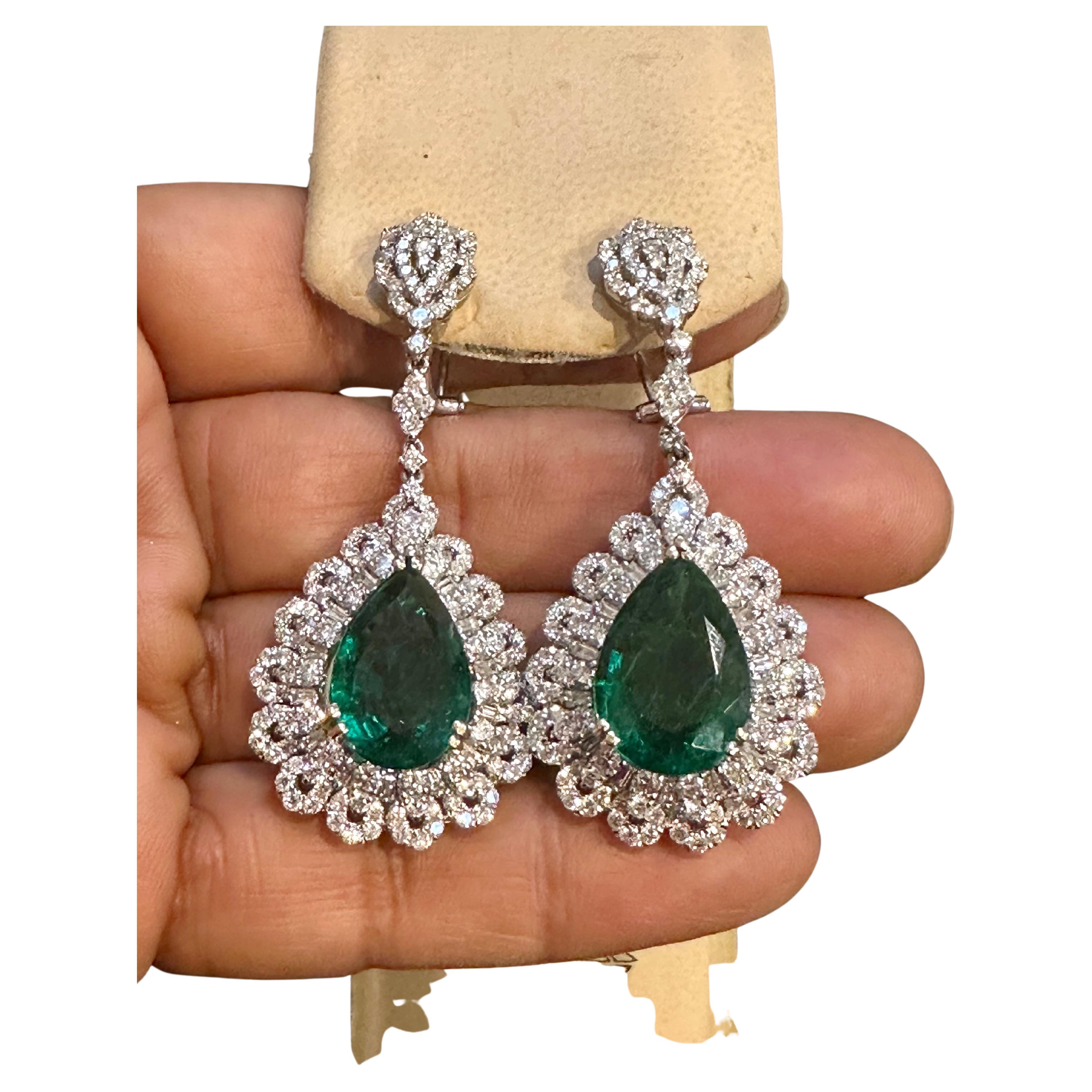 Pear Cut GIA Certified 14Ct Pear/Drop Zambian Emerald 7 Ct Diamond  Earrings 18 Kt Gold For Sale