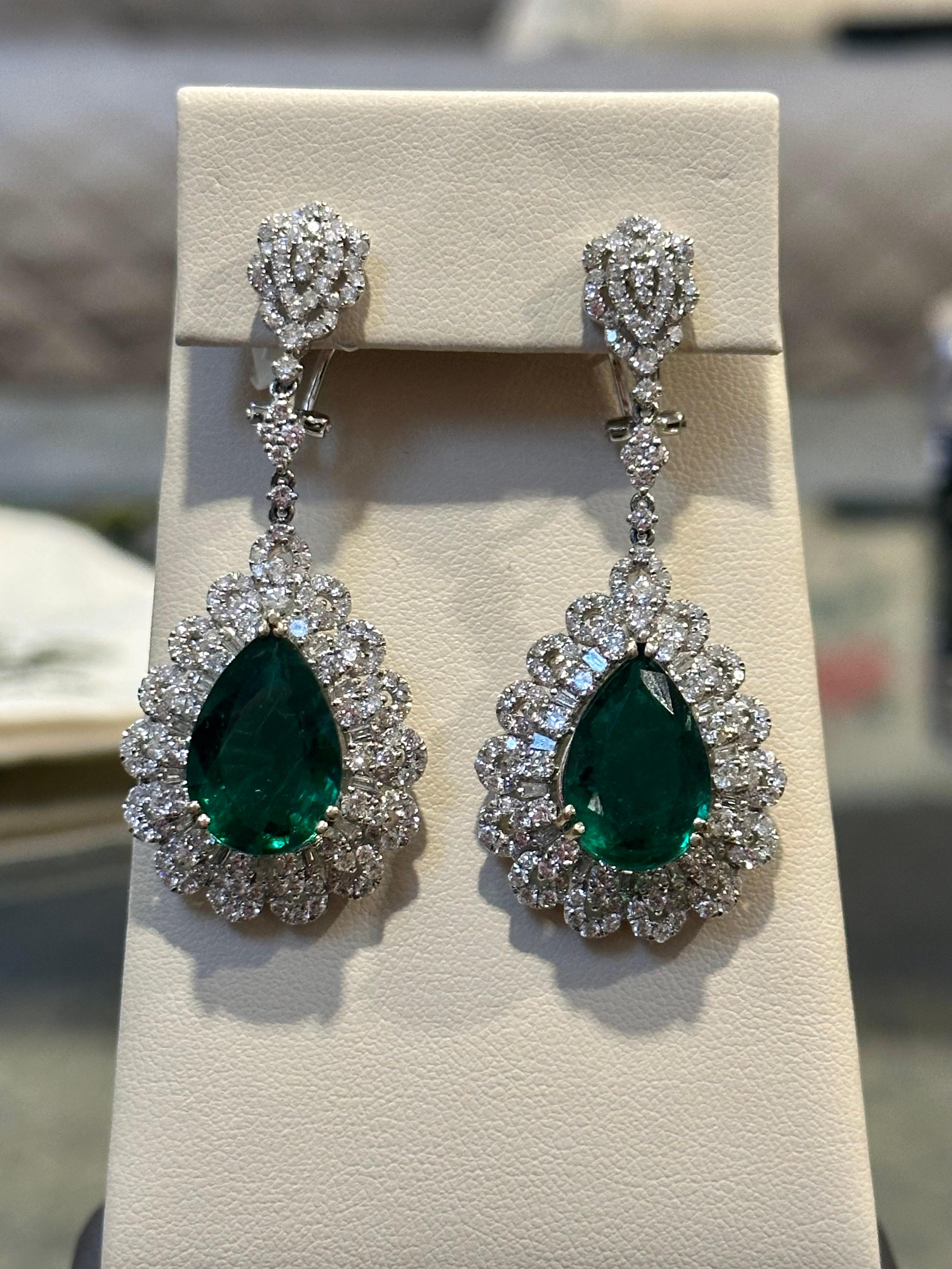 Women's GIA Certified 14Ct Pear/Drop Zambian Emerald 7 Ct Diamond  Earrings 18 Kt Gold For Sale