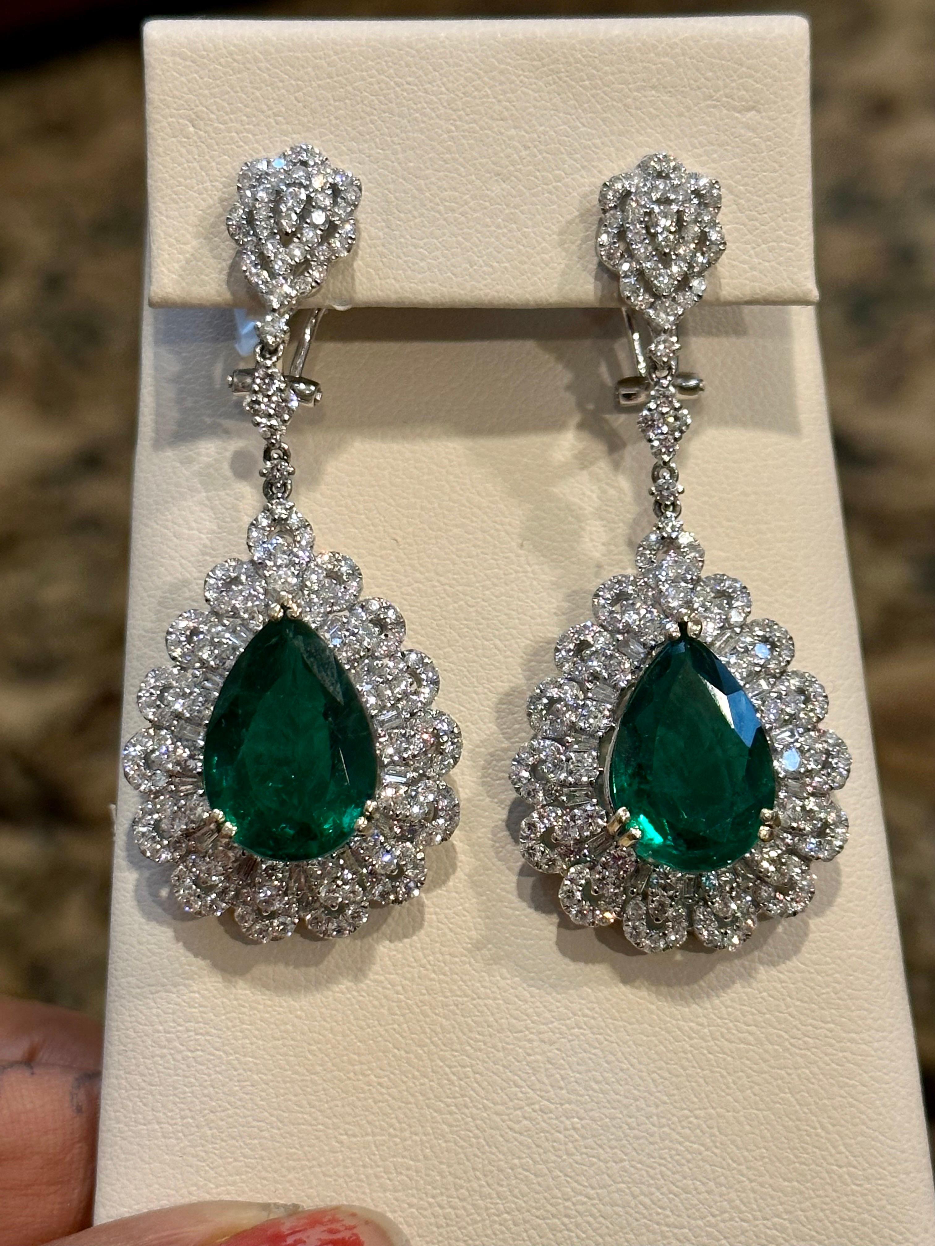 GIA Certified 14Ct Pear/Drop Zambian Emerald 7 Ct Diamond  Earrings 18 Kt Gold For Sale 1