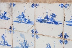 14 Delftware Tiles Plaque Blue & White Dutch Estuary Landscape Skiffs Windmills
