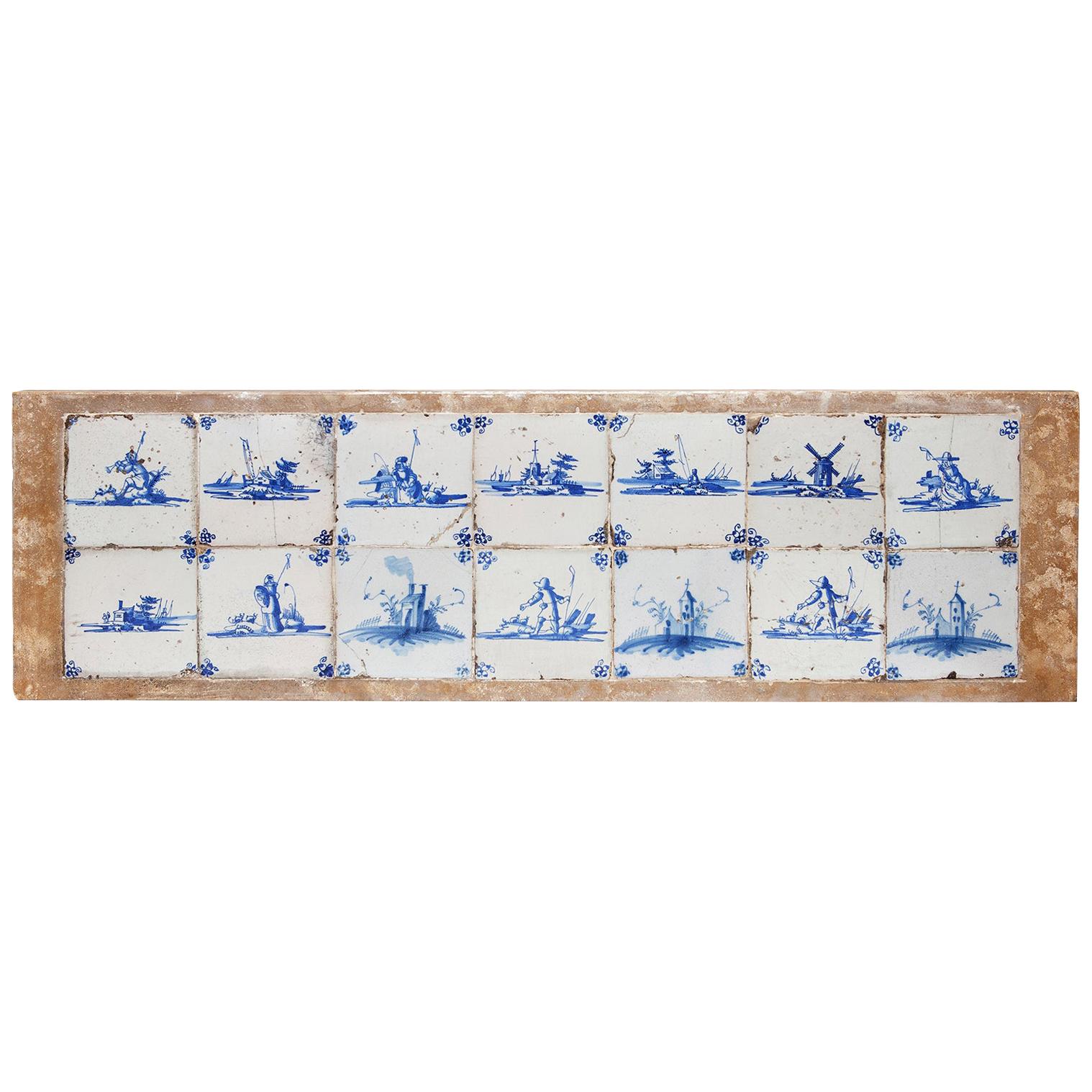 14 Delftware Tiles Plaque Blue & White Dutch Estuary Landscape Skiffs Windmills