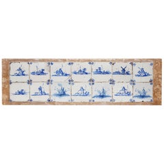 Antique 14 Delftware Tiles Plaque Blue & White Dutch Estuary Landscape Skiffs Windmills