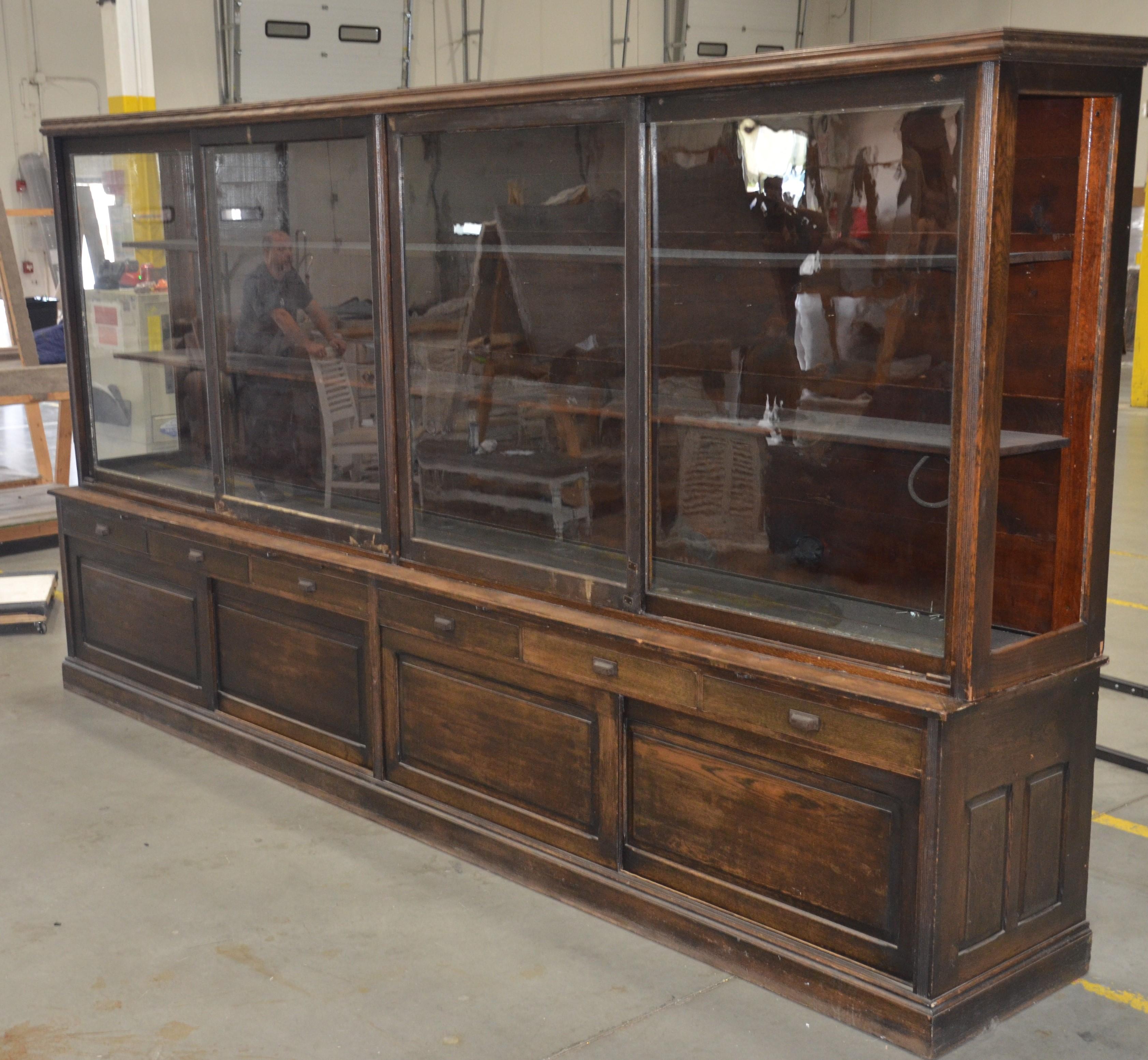 14 Foot Oak General Store Showcase Display Cabinet  or Back Bar For Sale 2
