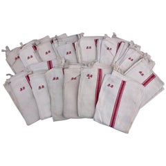 14 French Vintage Linen Kitchen Towels Red Stripe, Embroidered "BB" Initials
