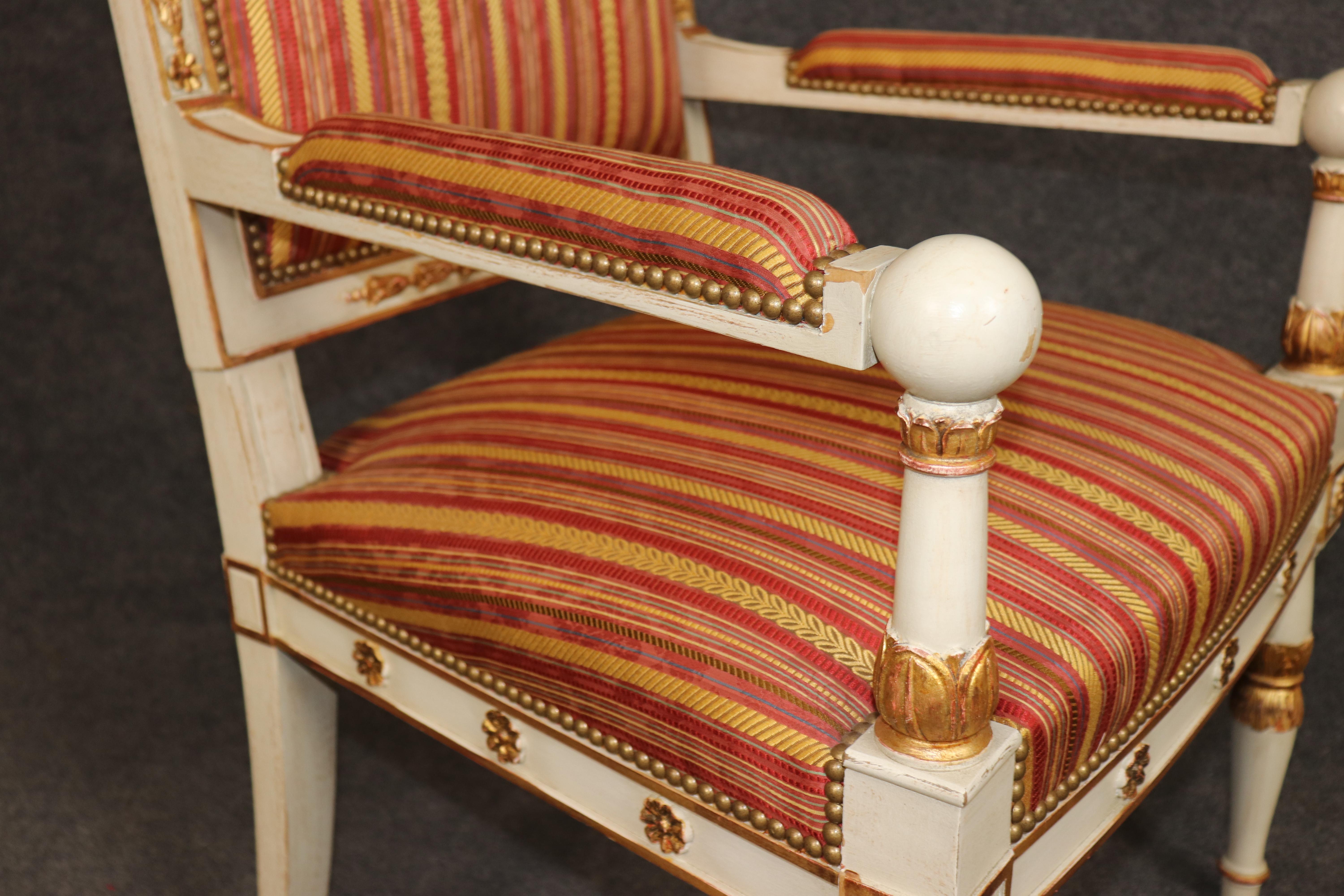 14 French Empire style Paint Decorated Carved Gilt Chairs by Balzarotti of Paris For Sale 6