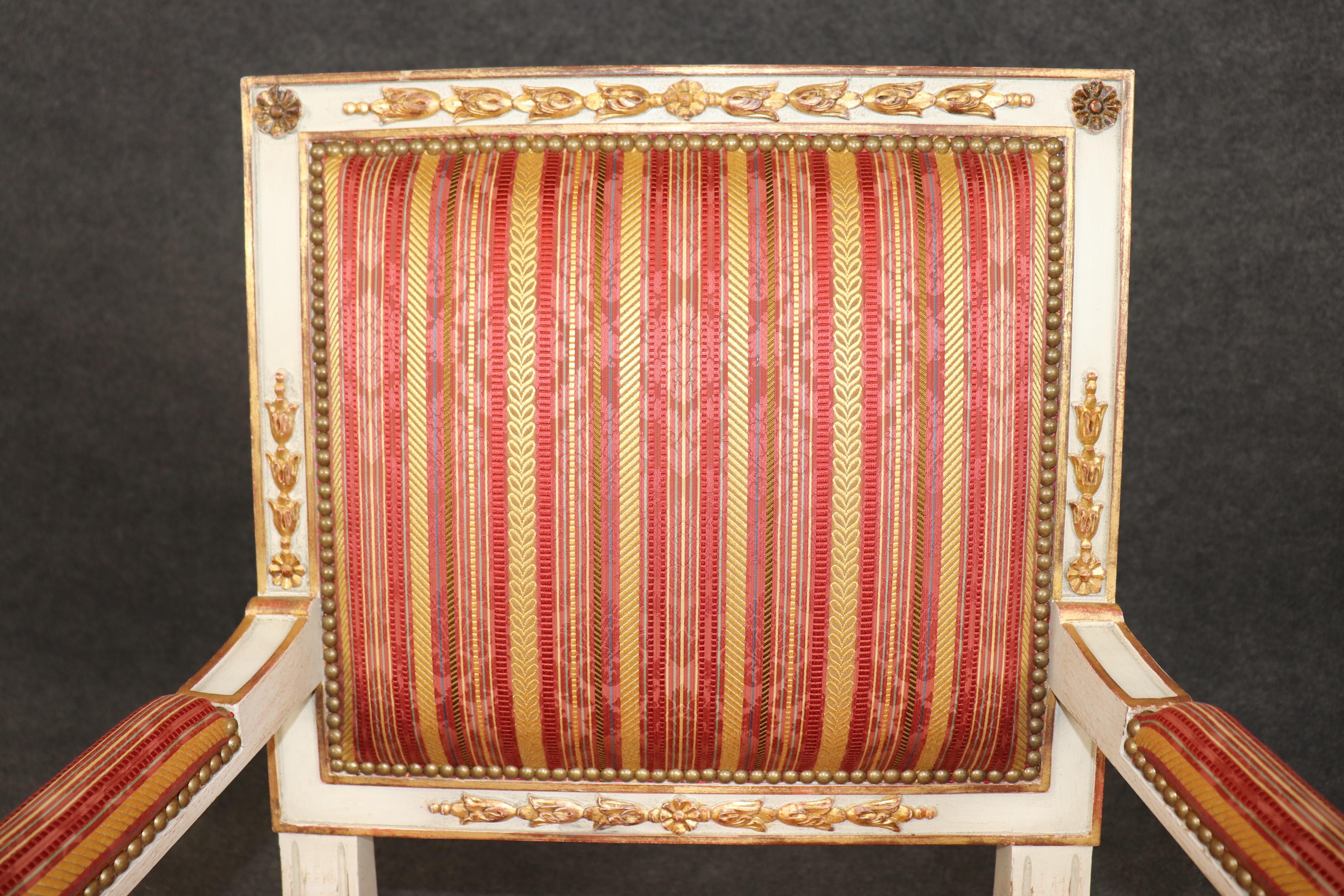 14 French Empire style Paint Decorated Carved Gilt Chairs by Balzarotti of Paris For Sale 7