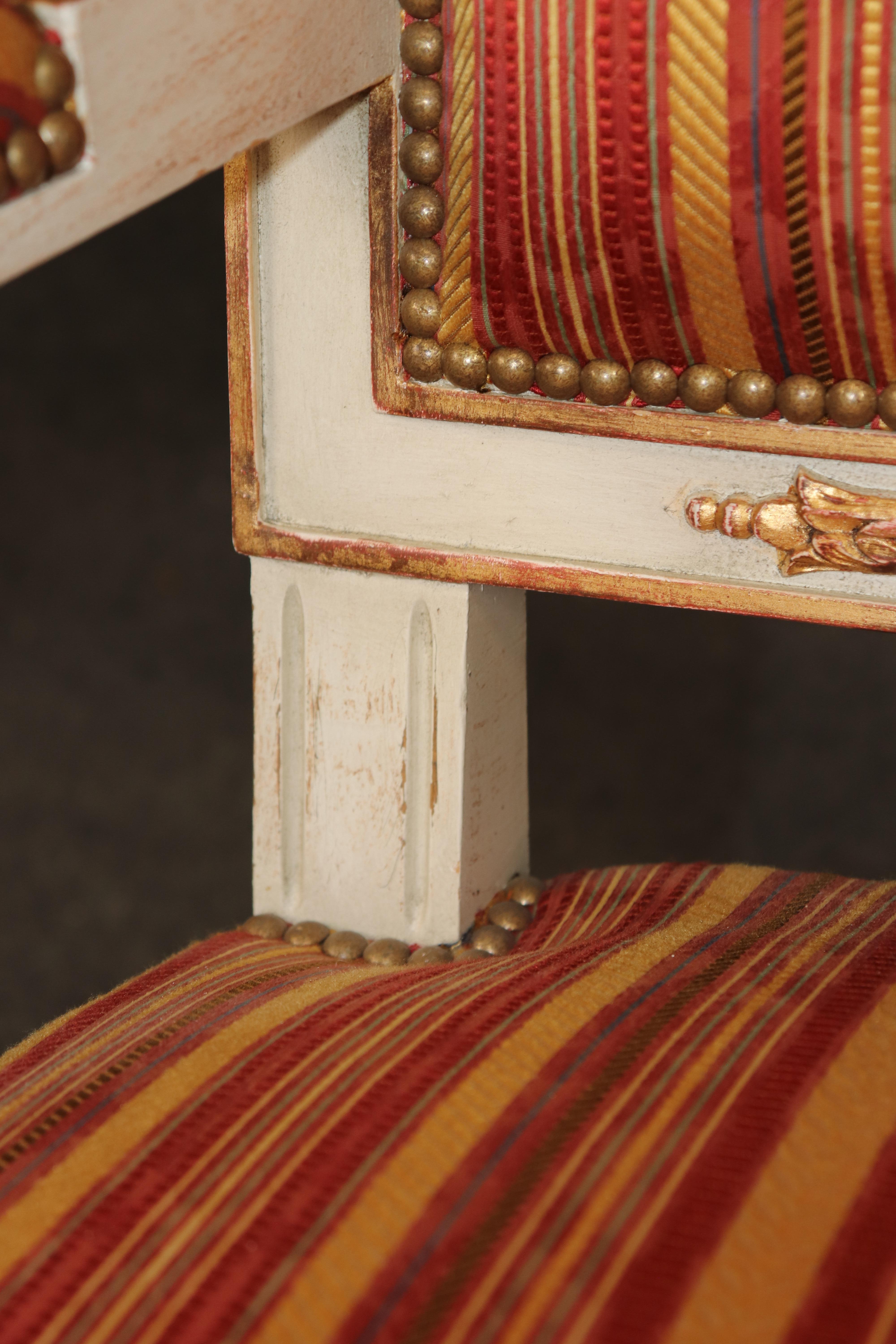14 French Empire style Paint Decorated Carved Gilt Chairs by Balzarotti of Paris For Sale 8