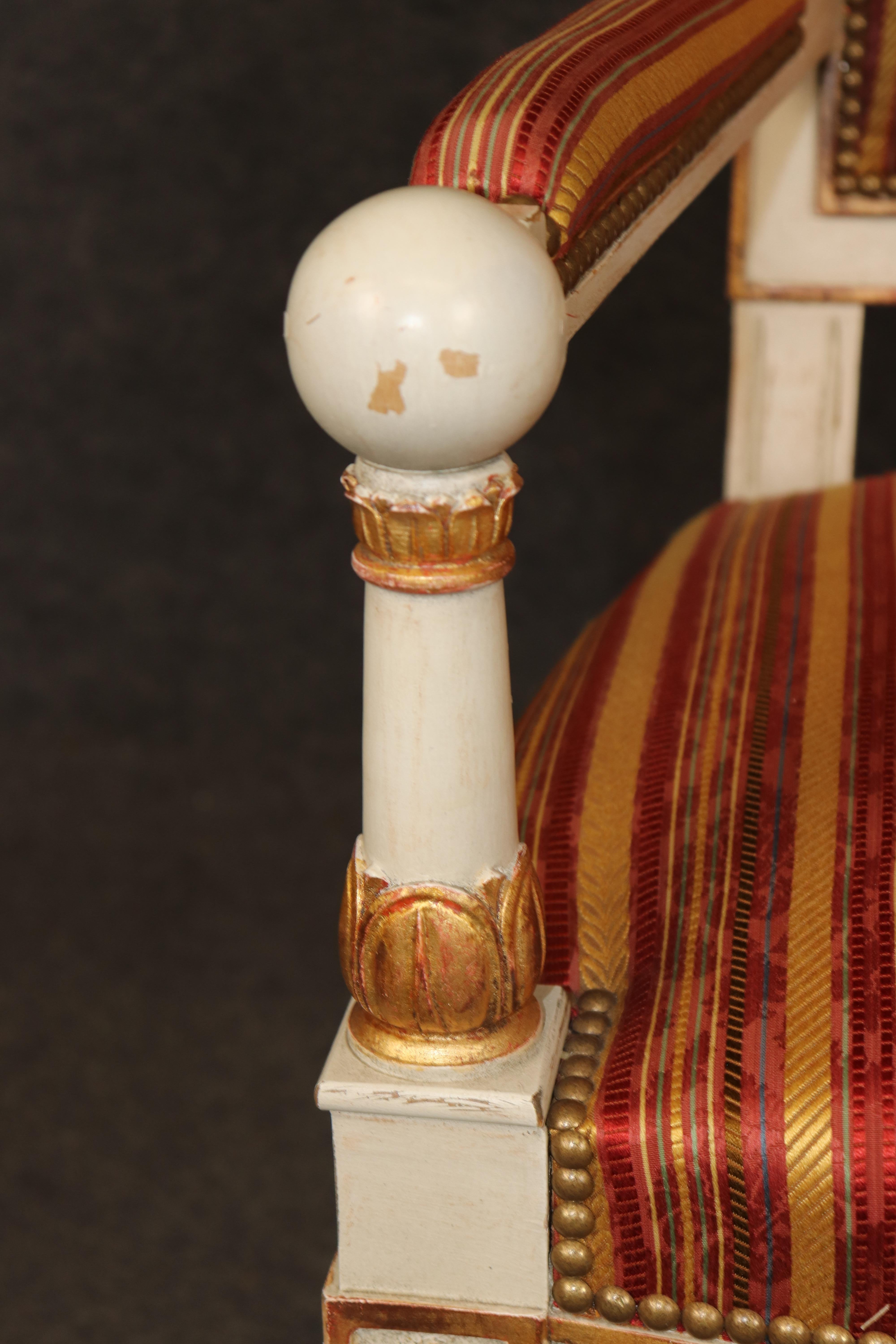 14 French Empire style Paint Decorated Carved Gilt Chairs by Balzarotti of Paris For Sale 12