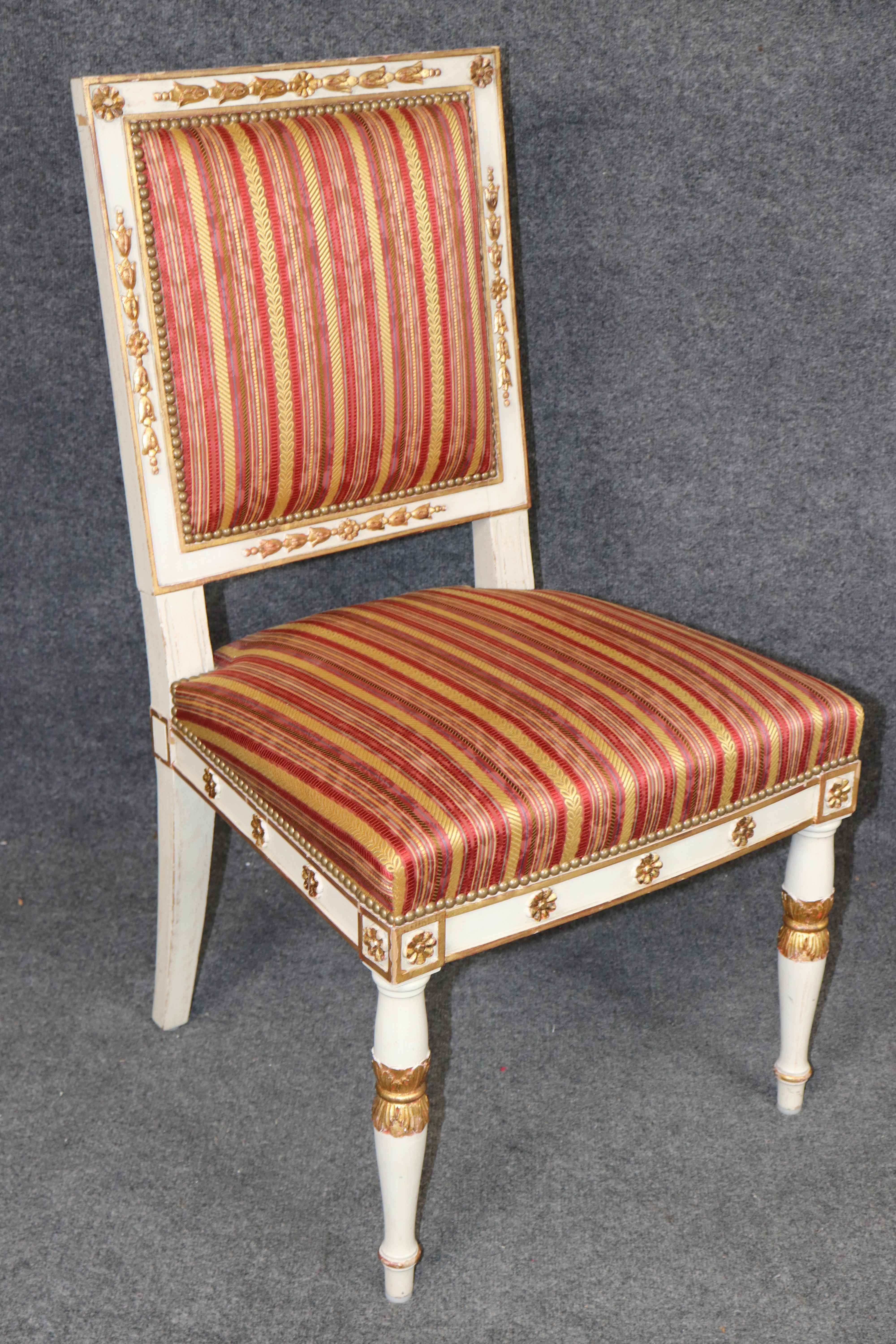 14 French Empire style Paint Decorated Carved Gilt Chairs by Balzarotti of Paris For Sale 3